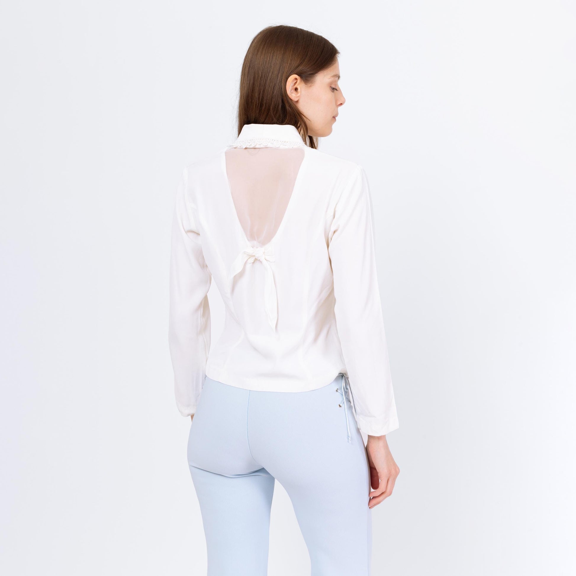 Vintage 80s White Sheer Back Blouse - Small | Shawl Collar Long Sleeve Button Up Top