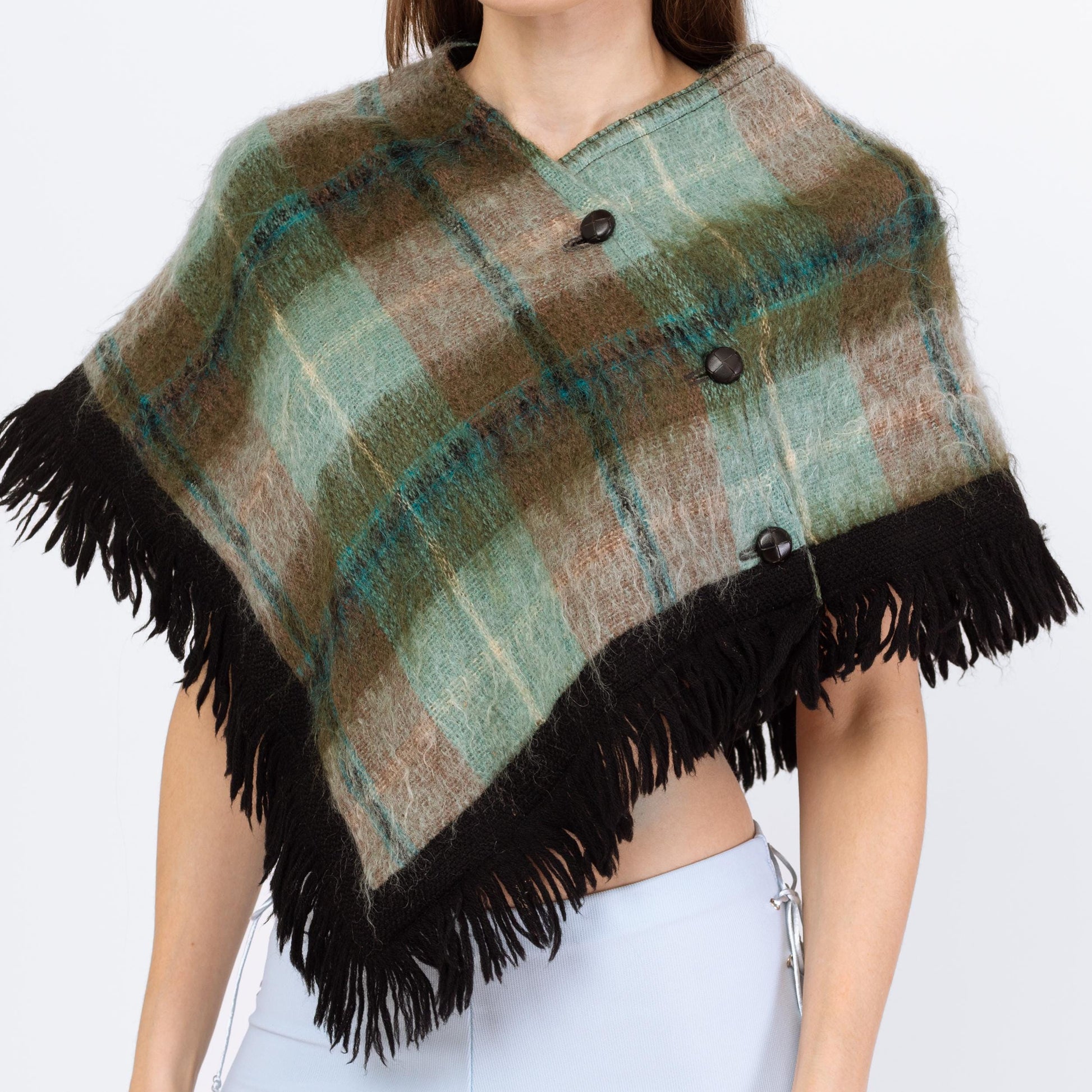 Vintage 60s 70s Mod Tartan Plaid Mohair Mini Cape - Medium | Strathtay Originals Poncho Shawl Fall Winter Coat