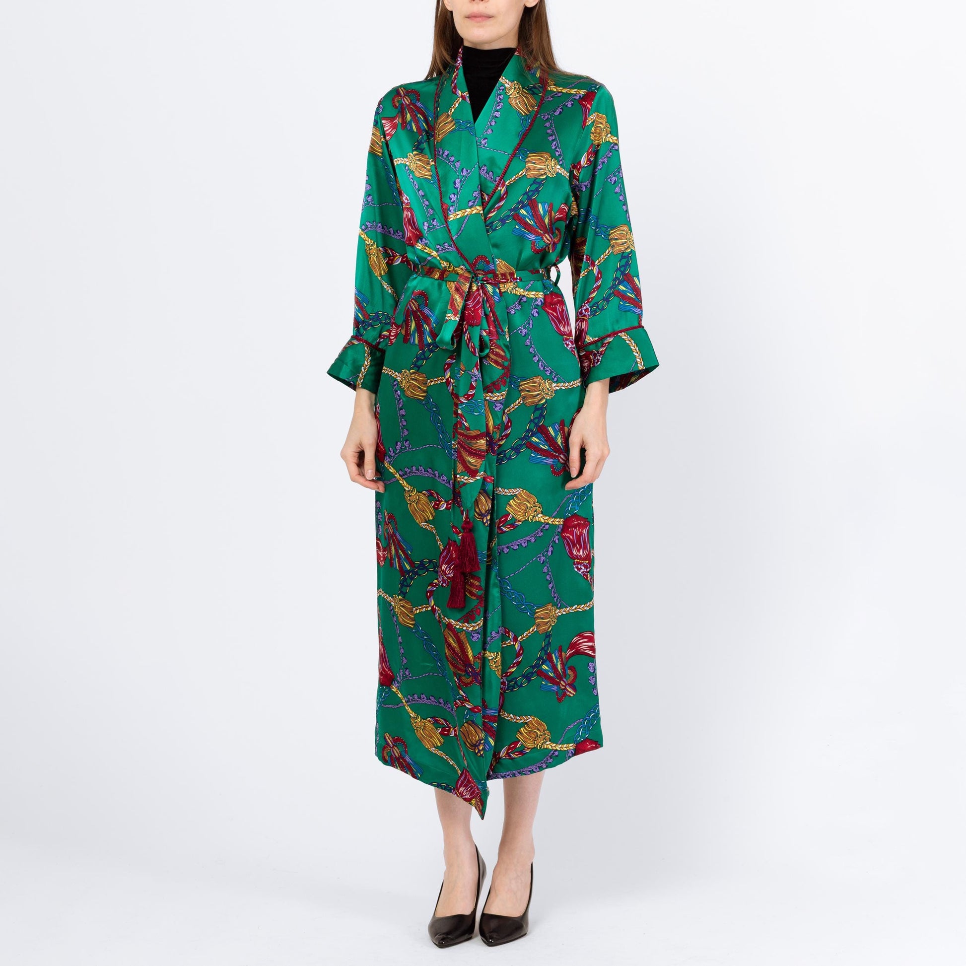 Vintage 90s Victoria's Secret Green Silk Tassel Print Robe - Extra Small | Baroque Belted Satin Loungewear Maxi Kimono