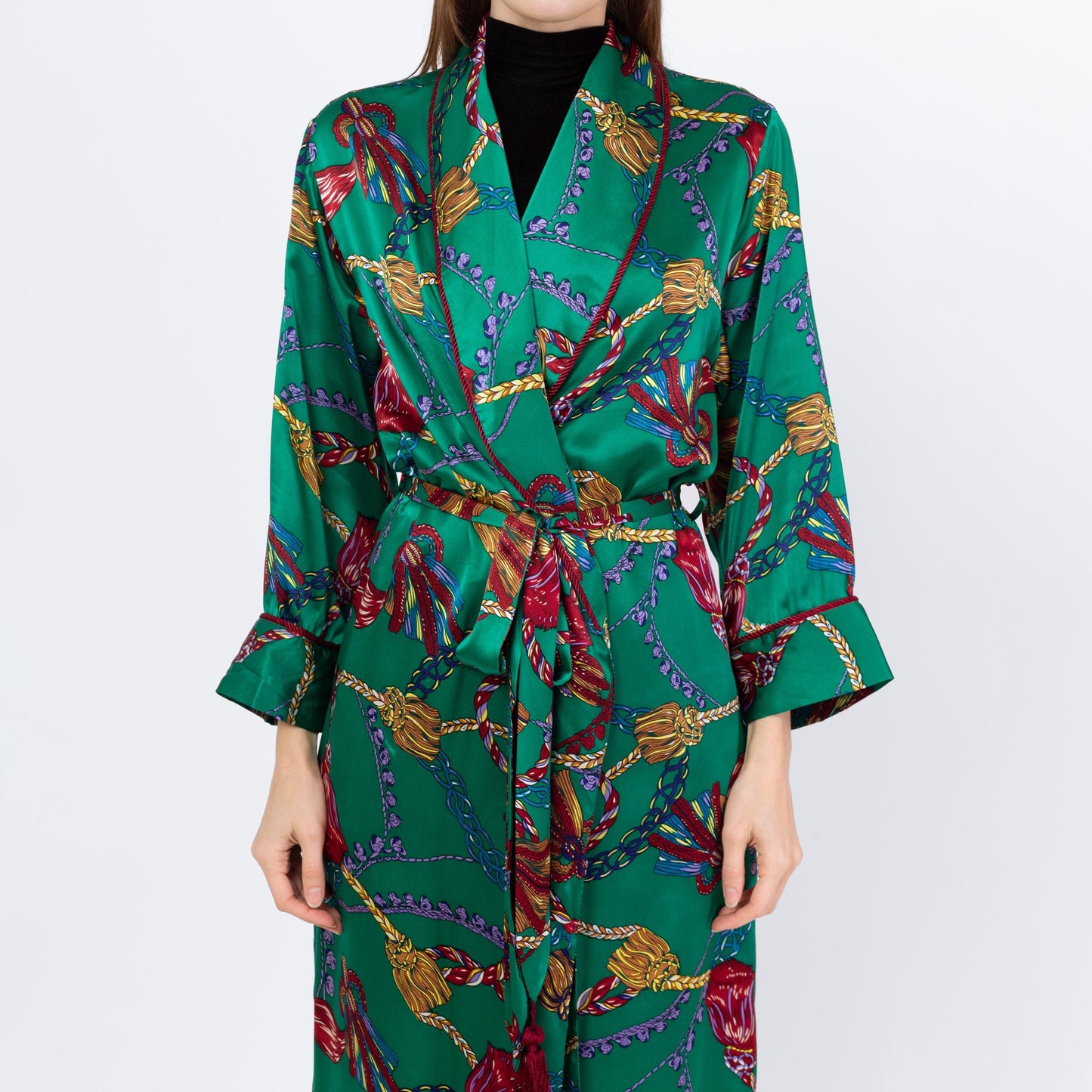 Vintage 90s Victoria's Secret Green Silk Tassel Print Robe - Extra Small | Baroque Belted Satin Loungewear Maxi Kimono