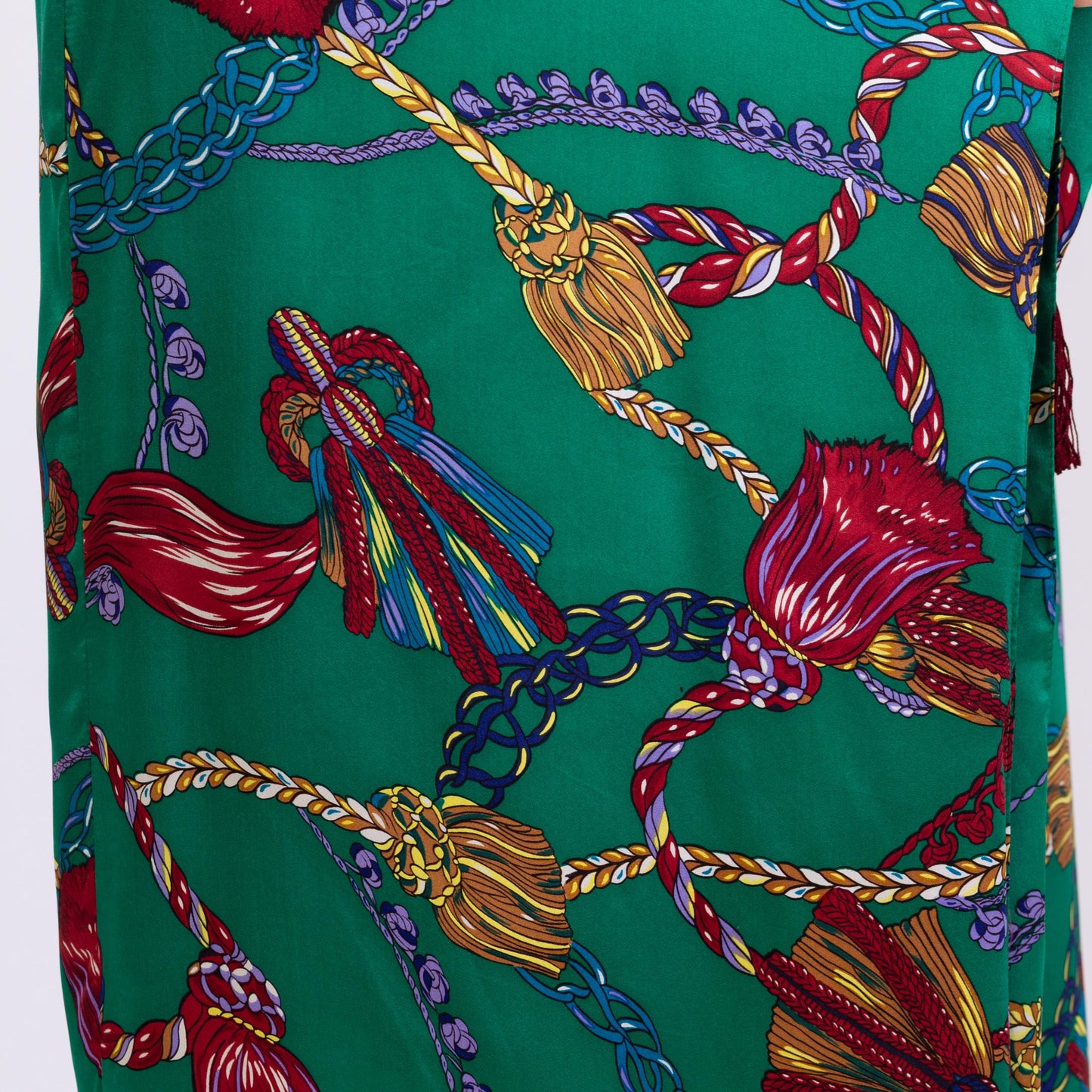 Vintage 90s Victoria's Secret Green Silk Tassel Print Robe - Extra Small | Baroque Belted Satin Loungewear Maxi Kimono