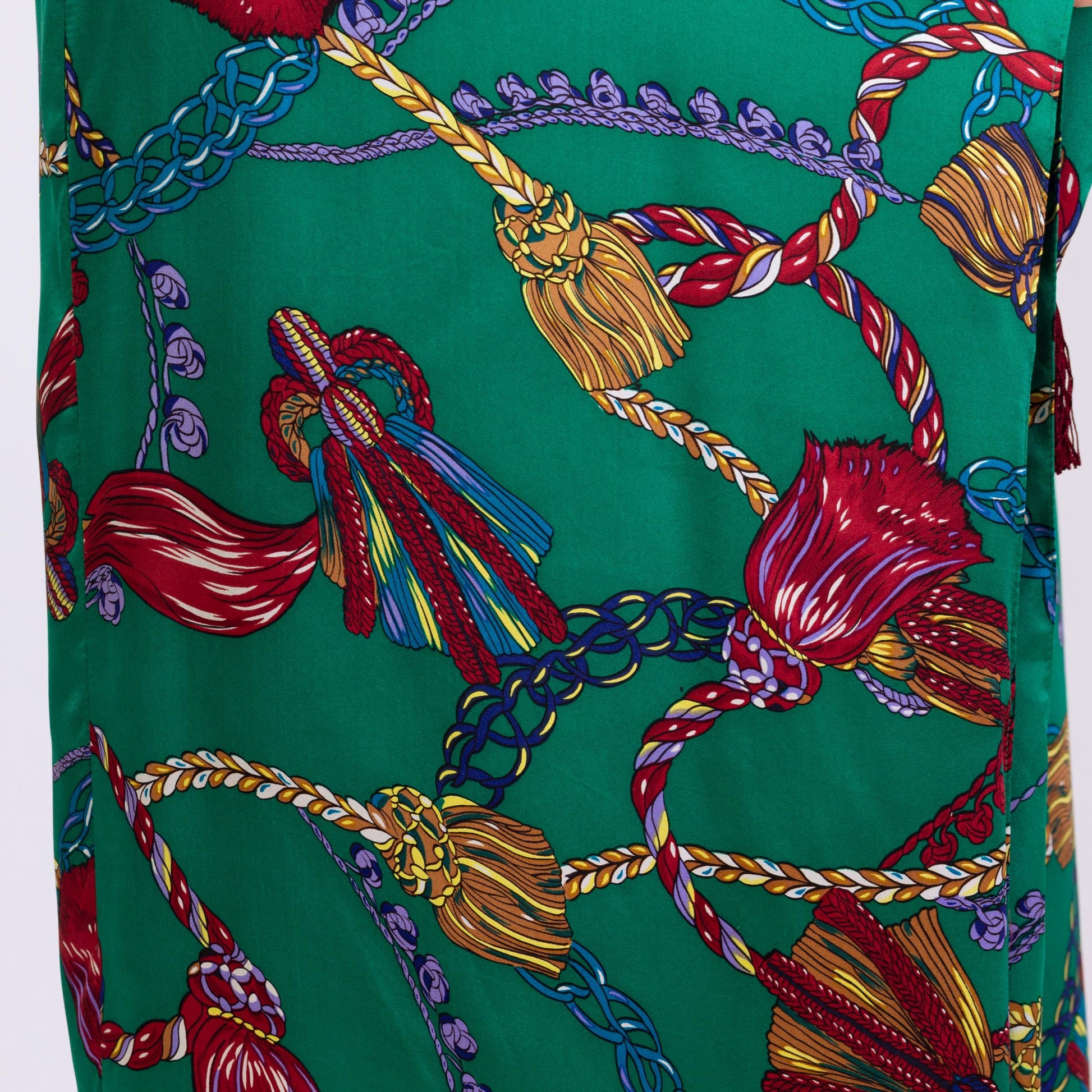 Vintage 90s Victoria's Secret Green Silk Tassel Print Robe - Extra Small | Baroque Belted Satin Loungewear Maxi Kimono