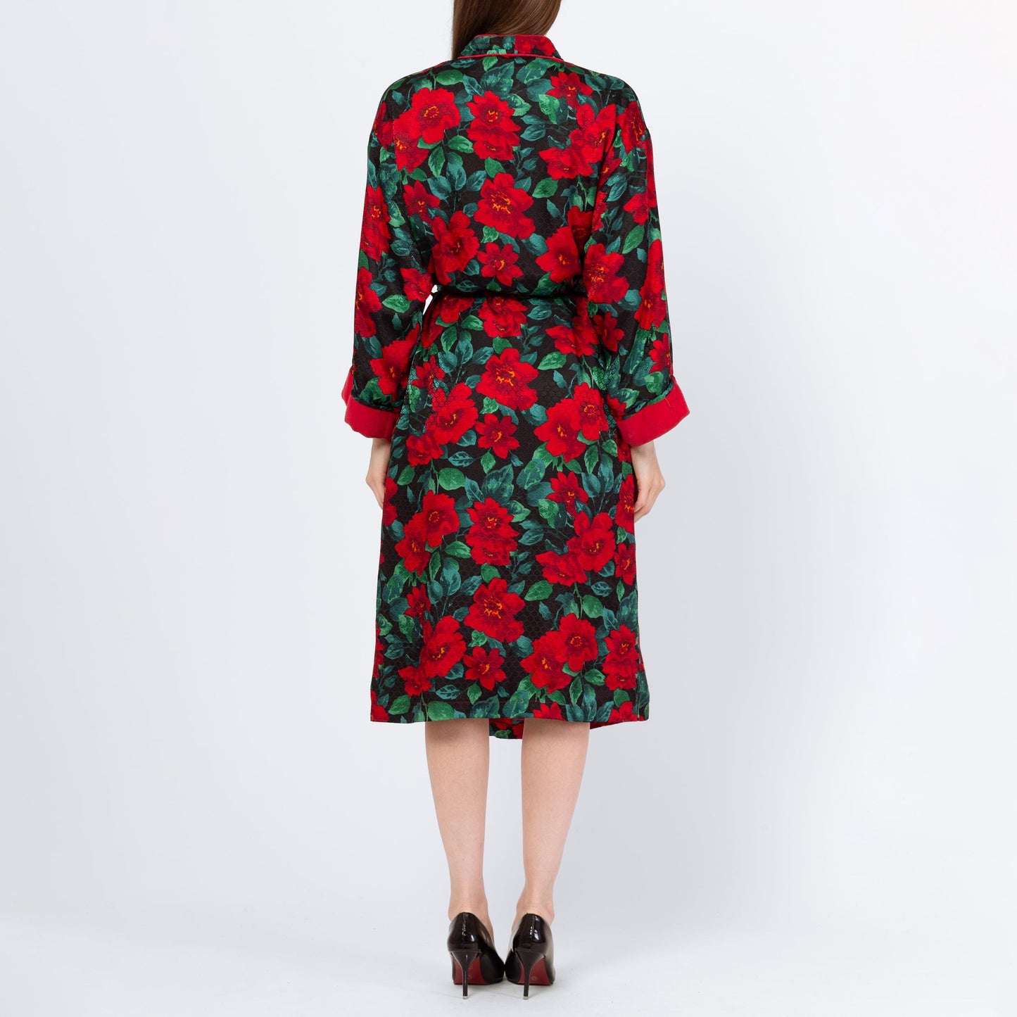 Vintage 90s Victoria's Secret Poinsettia Print Midi Robe - Small | Red & Green Belted Jacquard Satin Terrycloth Loungewear Kimono