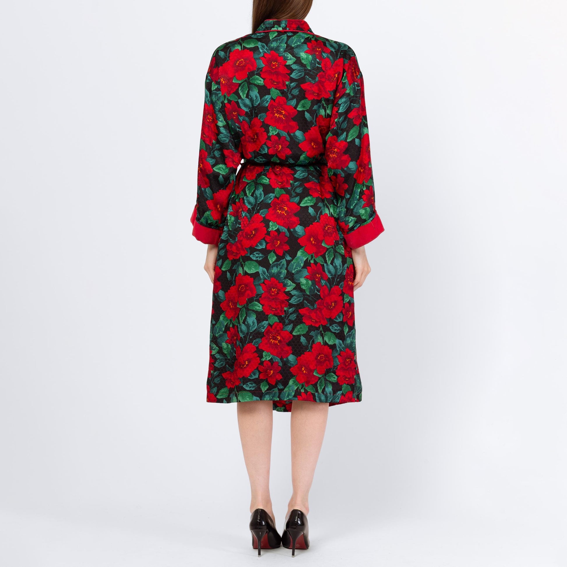 Vintage 90s Victoria's Secret Poinsettia Print Midi Robe - Small | Red & Green Belted Jacquard Satin Terrycloth Loungewear Kimono
