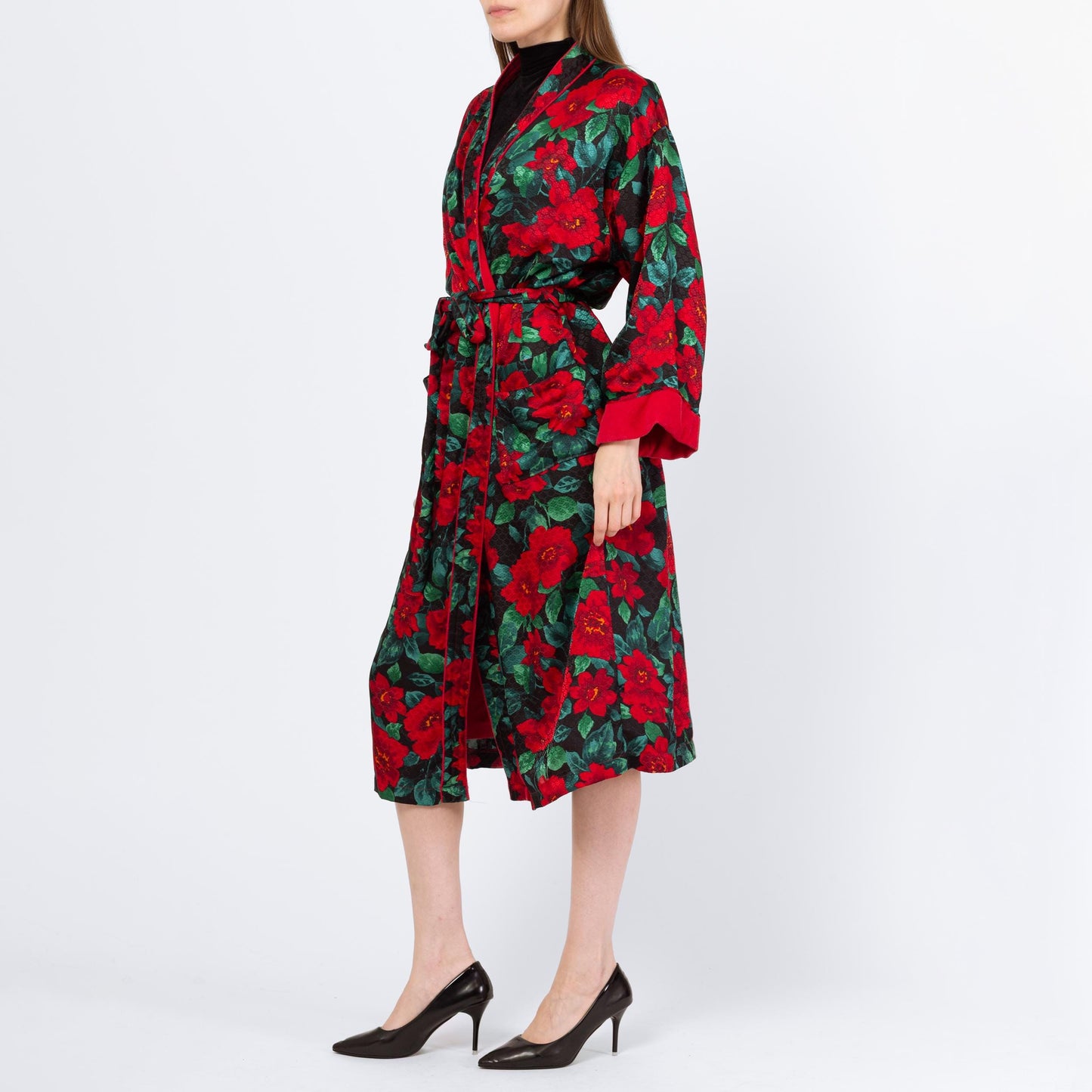 Vintage 90s Victoria's Secret Poinsettia Print Midi Robe - Small | Red & Green Belted Jacquard Satin Terrycloth Loungewear Kimono