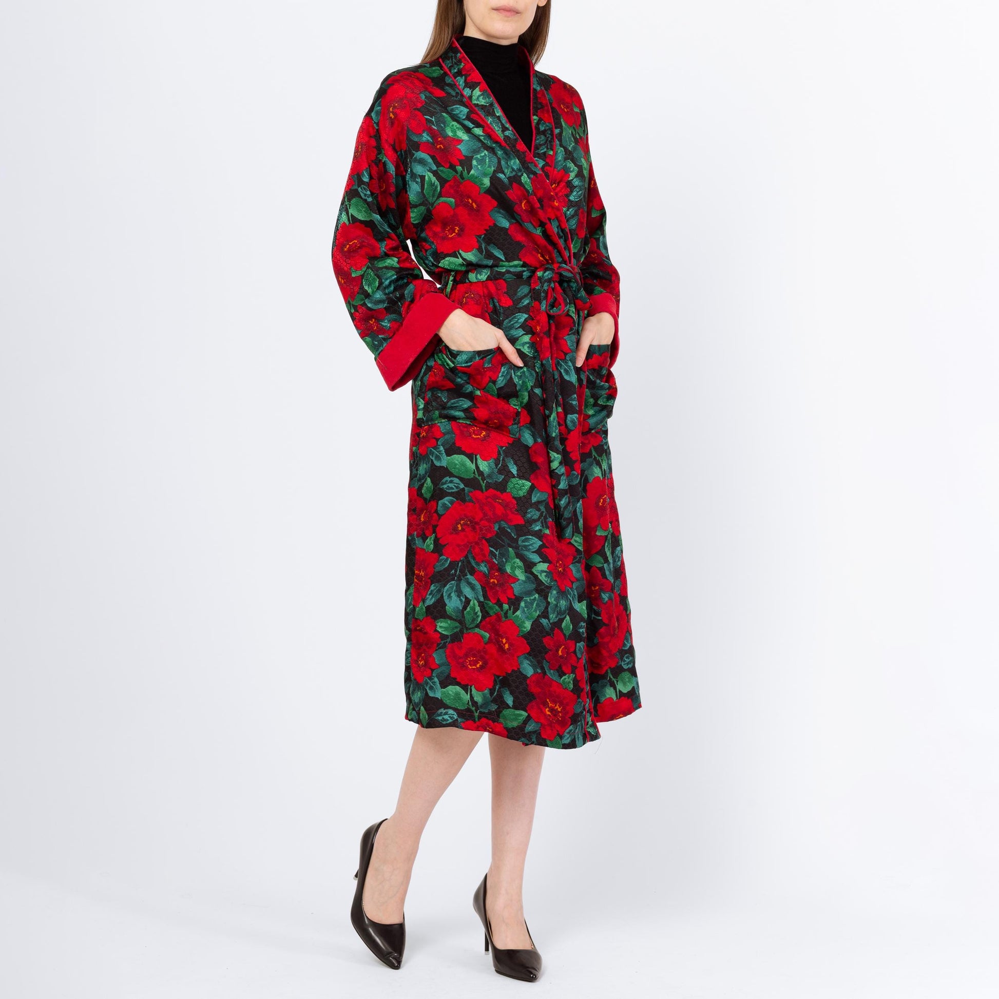 Vintage 90s Victoria's Secret Poinsettia Print Midi Robe - Small | Red & Green Belted Jacquard Satin Terrycloth Loungewear Kimono