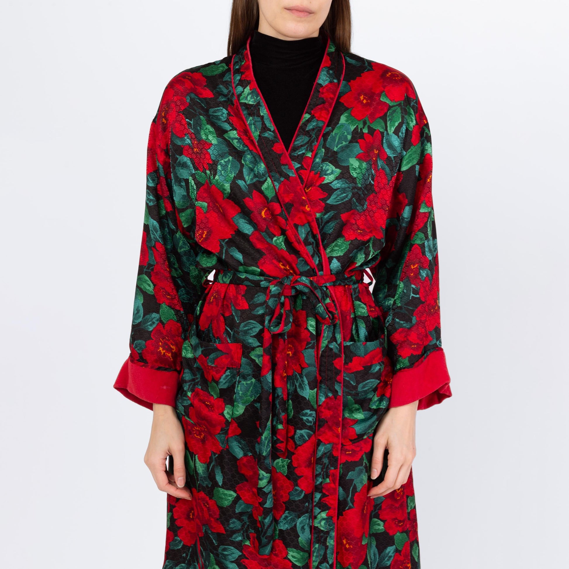 Vintage 90s Victoria's Secret Poinsettia Print Midi Robe - Small | Red & Green Belted Jacquard Satin Terrycloth Loungewear Kimono