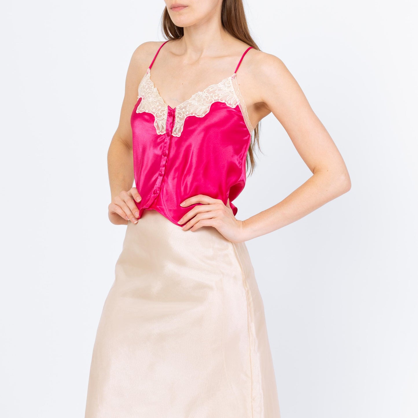 Vintage 90s Victoria's Secret Hot Pink Satin Camisole - Small | Lace Trim Lingerie Slip Cami Crop Top