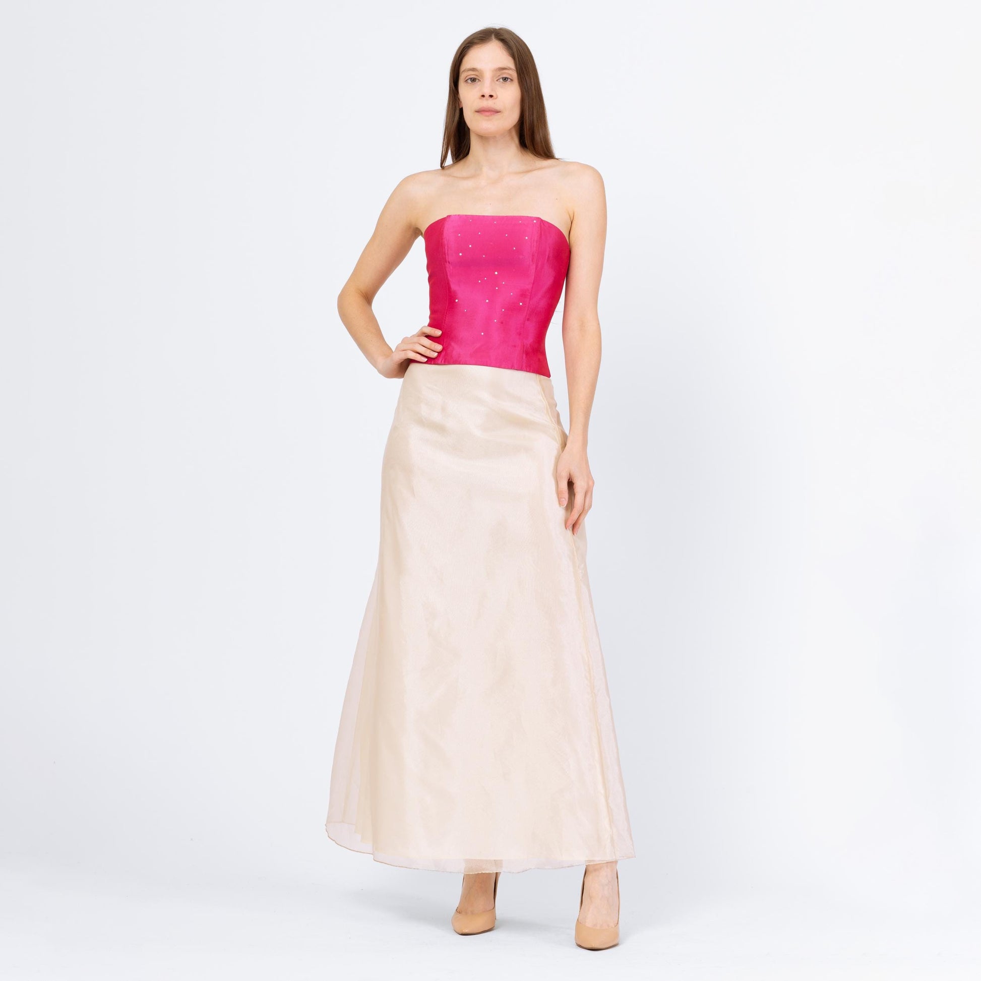 Vintage 90s Ivory Organza Bridal Maxi Skirt - Extra Small, 25" Waist | High Waisted Floor Length Formal Wedding Skirt