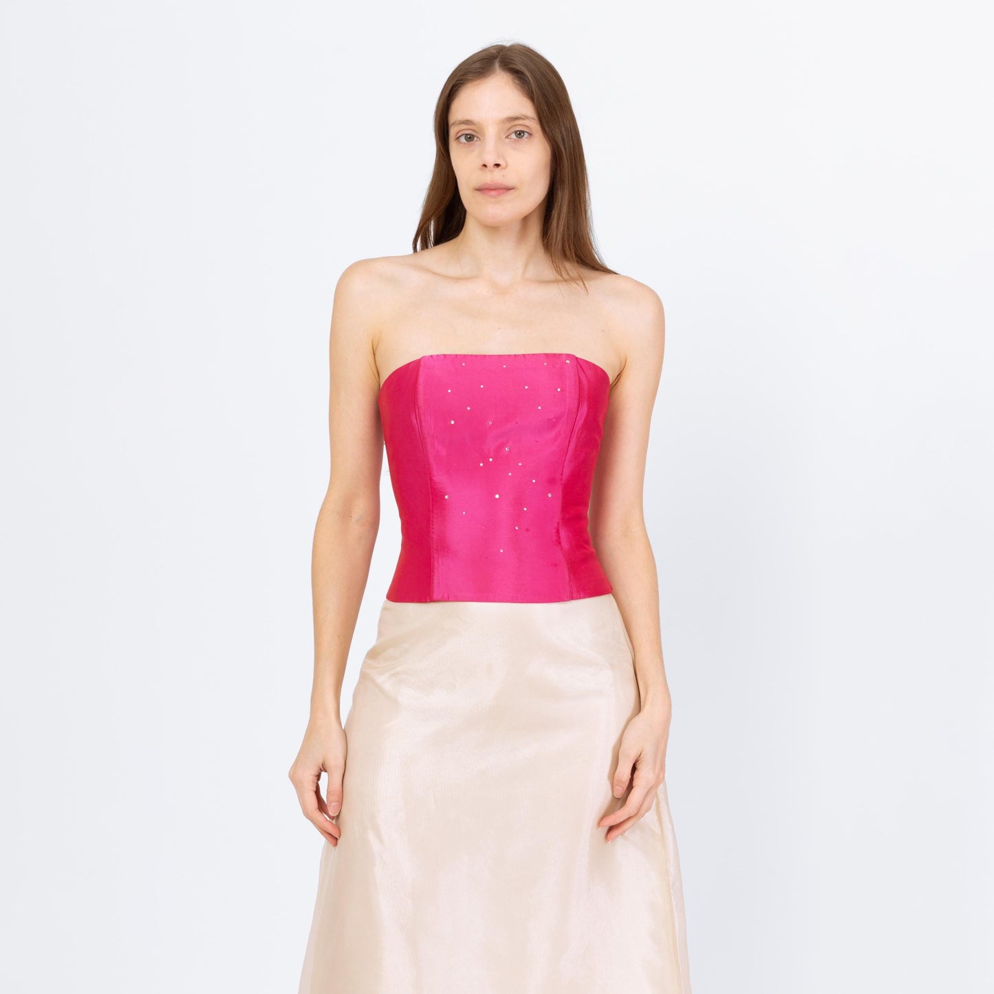 Vintage 90s Gunne Sax Hot Pink Jeweled Satin Bustier - Extra Small | Jessica McClintock Strapless Corset Top