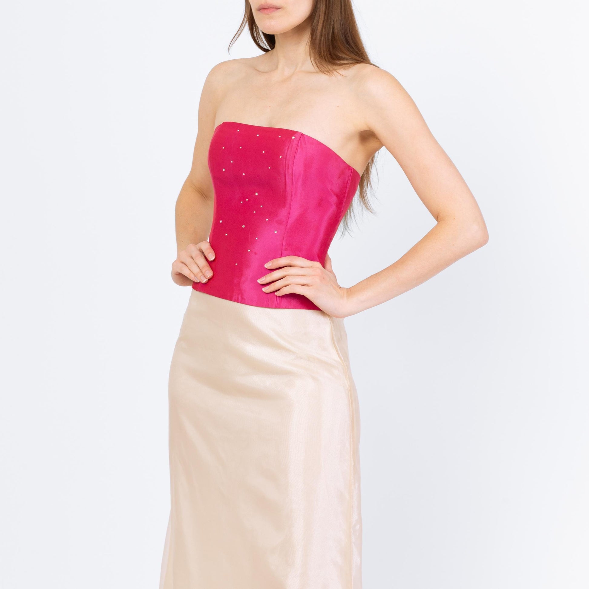 Vintage 90s Gunne Sax Hot Pink Jeweled Satin Bustier - Extra Small | Jessica McClintock Strapless Corset Top