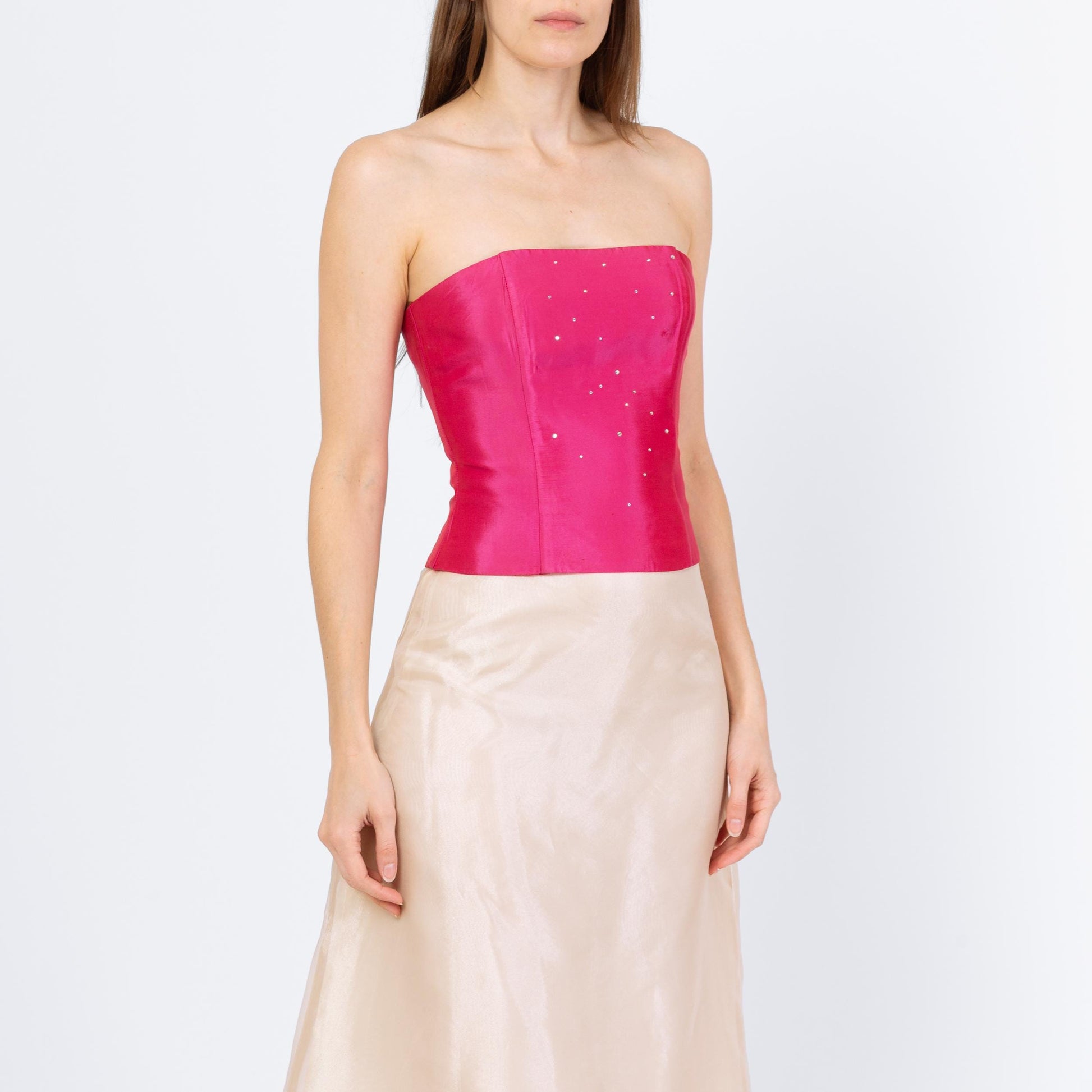 Vintage 90s Gunne Sax Hot Pink Jeweled Satin Bustier - Extra Small | Jessica McClintock Strapless Corset Top