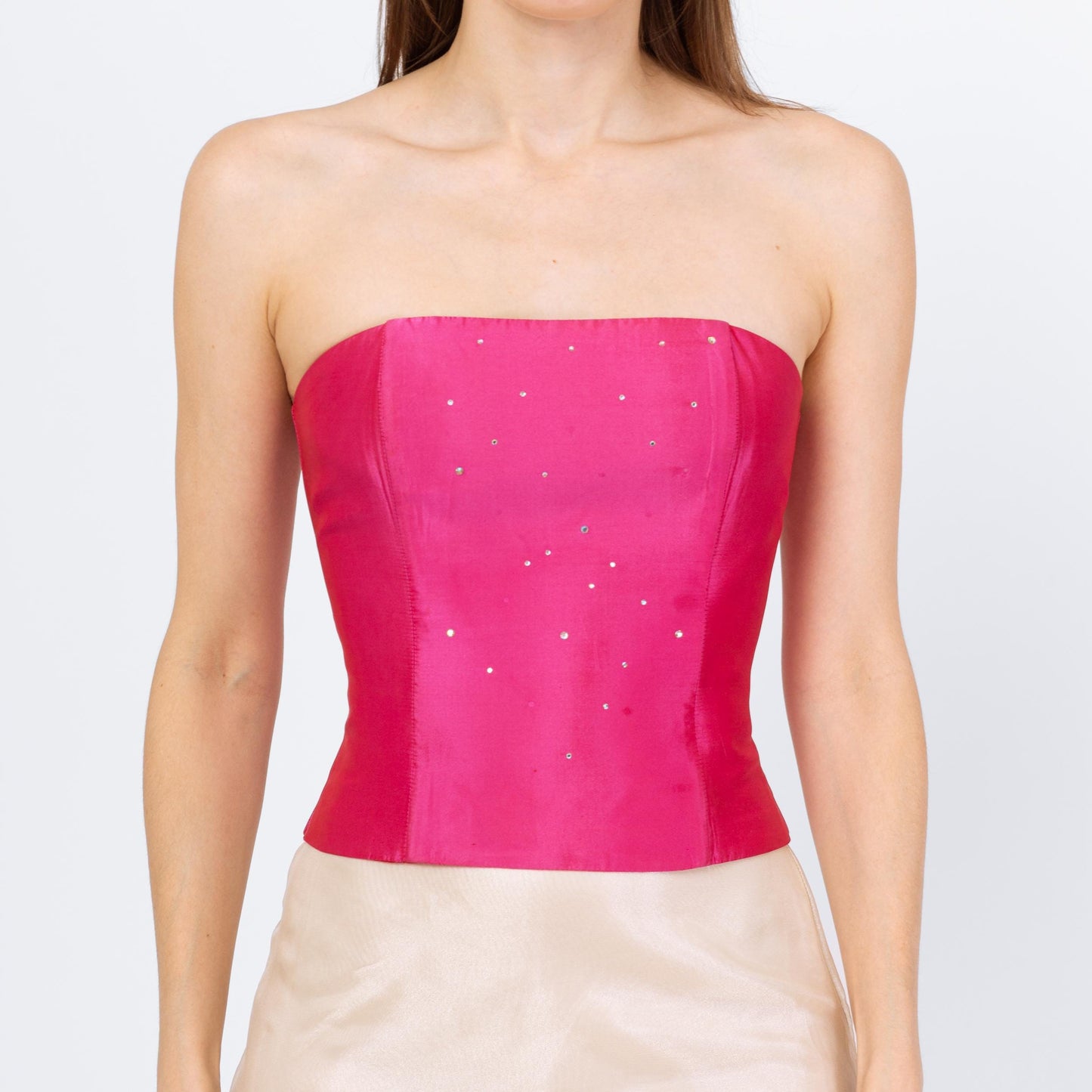 Vintage 90s Gunne Sax Hot Pink Jeweled Satin Bustier - Extra Small | Jessica McClintock Strapless Corset Top