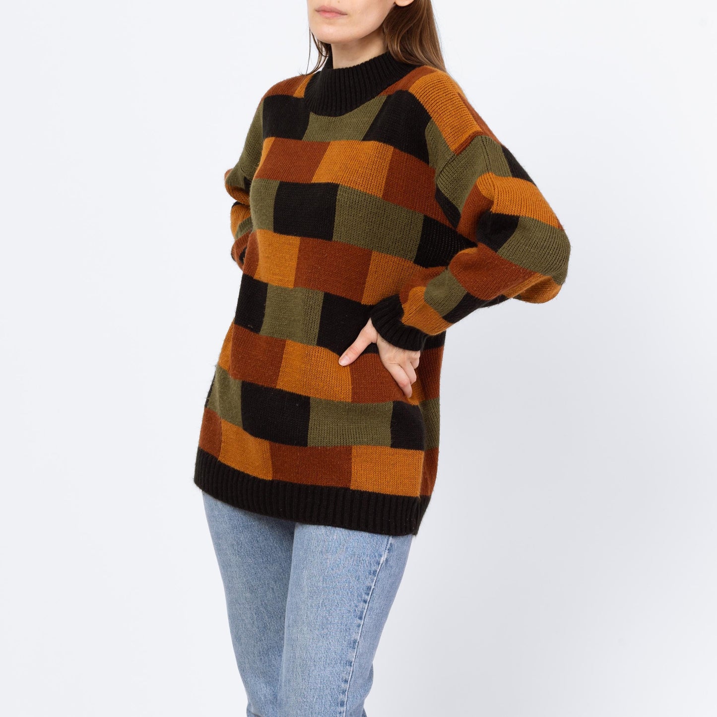 Vintage 80s Earth Tone Brick Pattern Knit Sweater - Men's Small | Slouchy Pullover Crew Neck Sweater