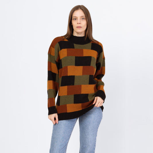 Vintage 80s Earth Tone Brick Pattern Knit Sweater - Men's Small | Slouchy Pullover Crew Neck Sweater