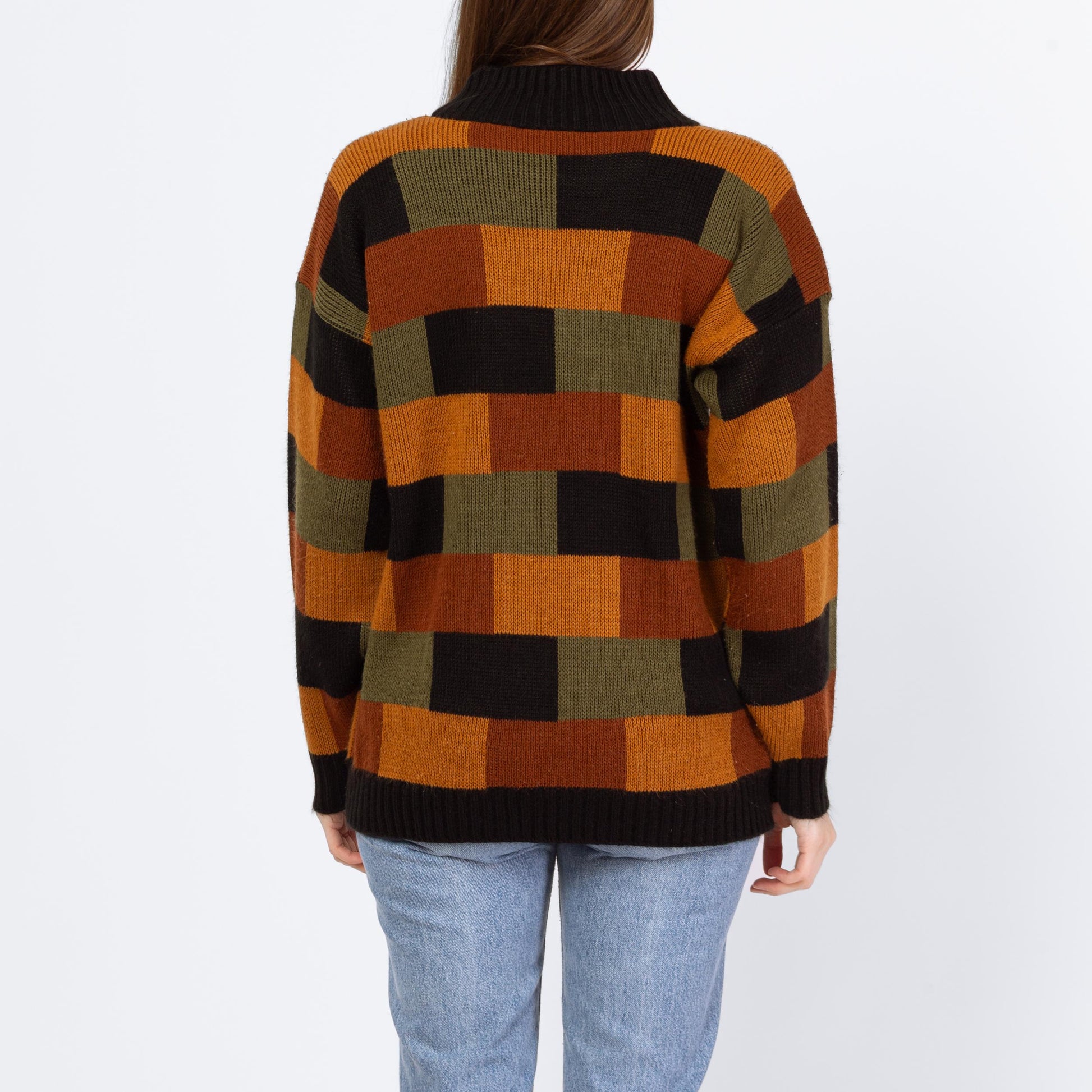 Vintage 80s Earth Tone Brick Pattern Knit Sweater - Men's Small | Slouchy Pullover Crew Neck Sweater