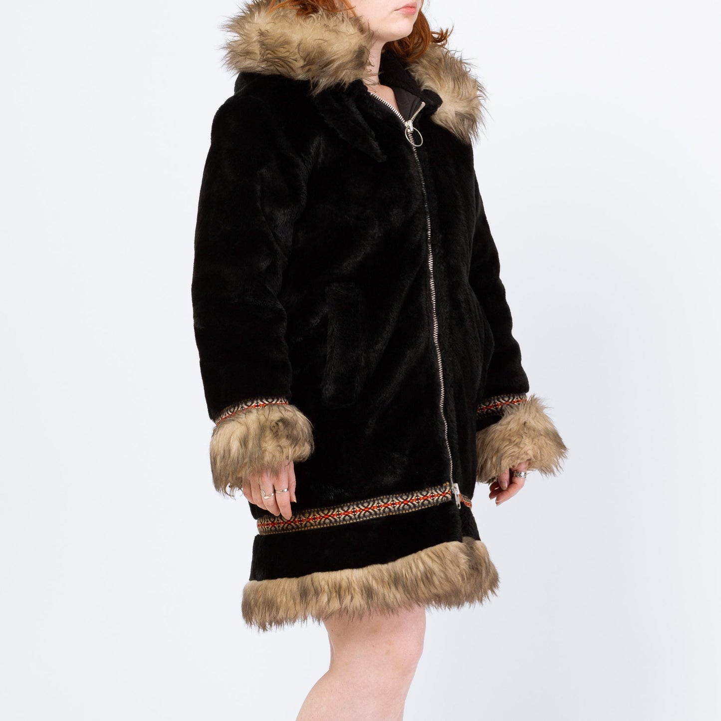 Vintage 70s Stearns Black Plush Shearling Trim Coat - Medium | Boho Zip Up Hooded Parka Jacket