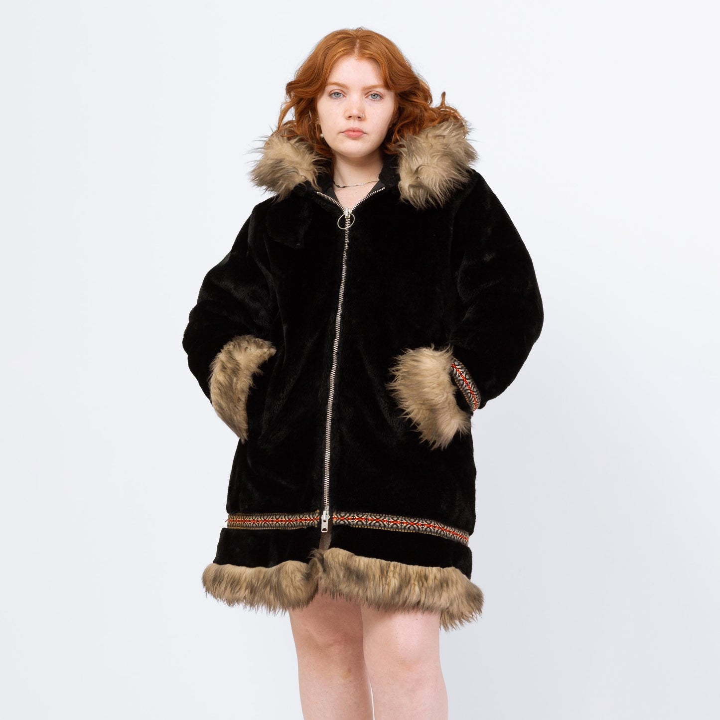 Vintage 70s Stearns Black Plush Shearling Trim Coat - Medium | Boho Zip Up Hooded Parka Jacket