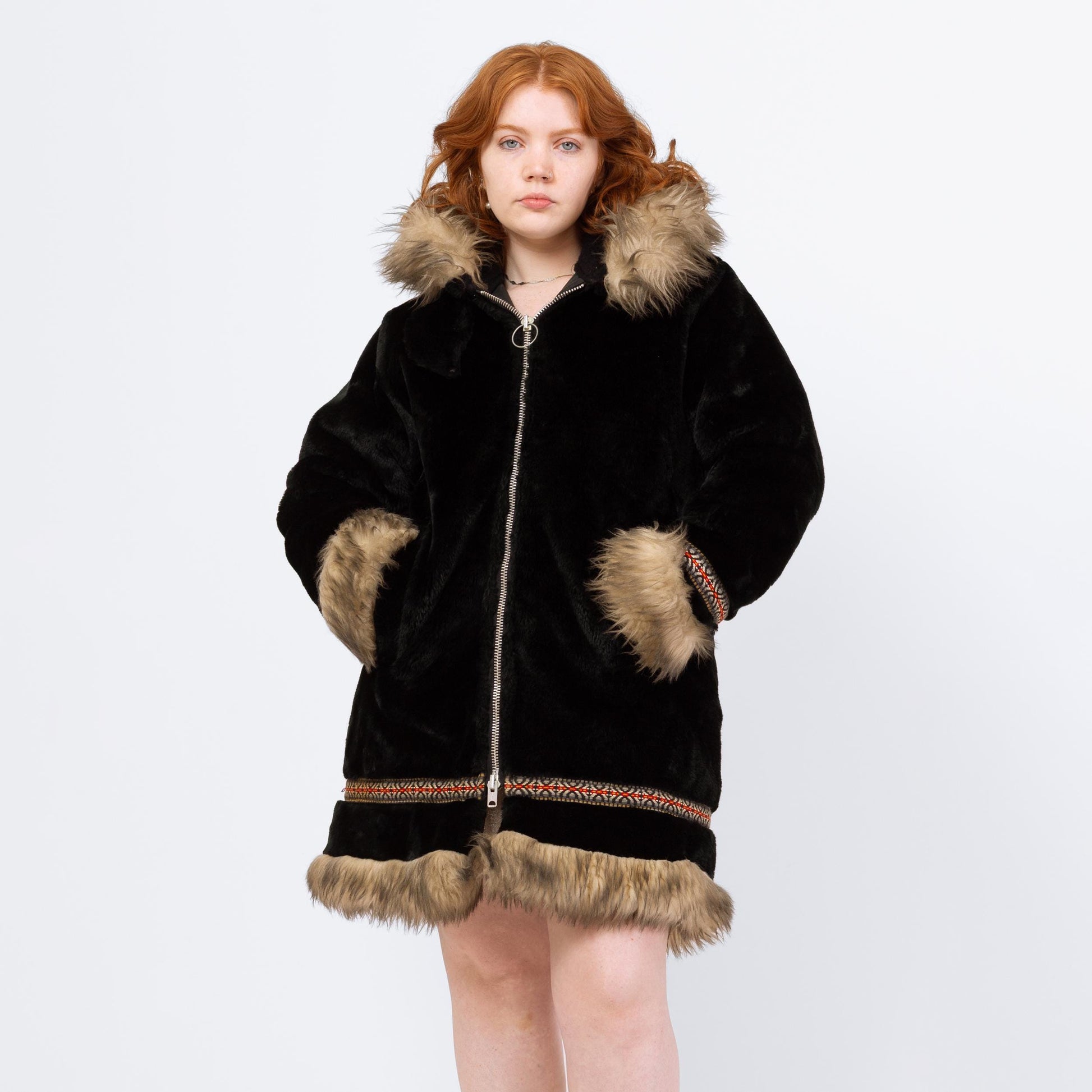 Vintage 70s Stearns Black Plush Shearling Trim Coat - Medium | Boho Zip Up Hooded Parka Jacket