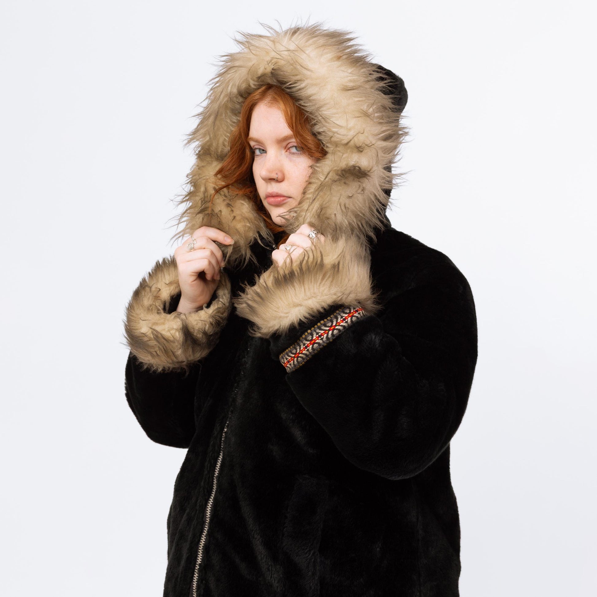 Vintage 70s Stearns Black Plush Shearling Trim Coat - Medium | Boho Zip Up Hooded Parka Jacket