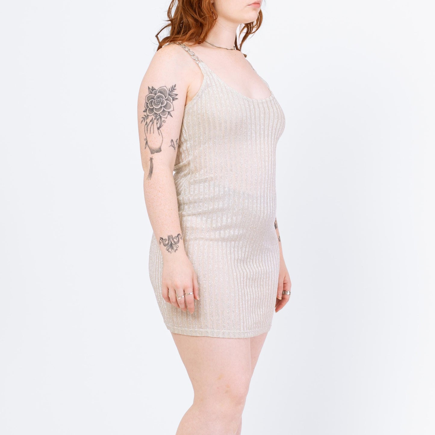 Vintage 90s Silver Lurex Chain Strap Mini Dress - Medium to Large | Sheer Metallic Spaghetti Strap Fitted Disco Party Dress