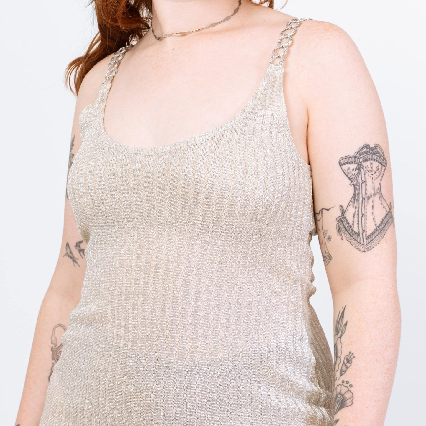 Vintage 90s Silver Lurex Chain Strap Mini Dress - Medium to Large | Sheer Metallic Spaghetti Strap Fitted Disco Party Dress