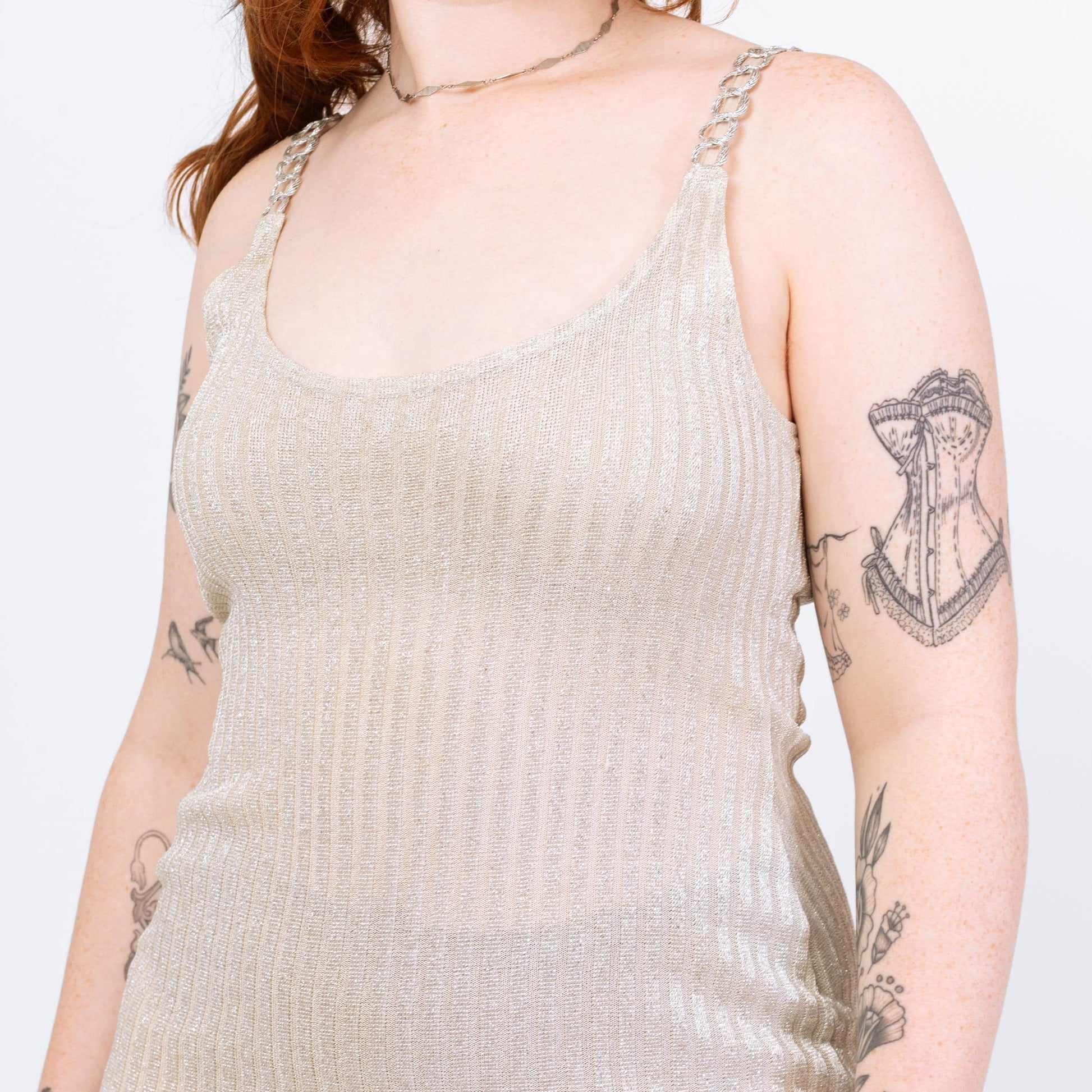 Vintage 90s Silver Lurex Chain Strap Mini Dress - Medium to Large | Sheer Metallic Spaghetti Strap Fitted Disco Party Dress