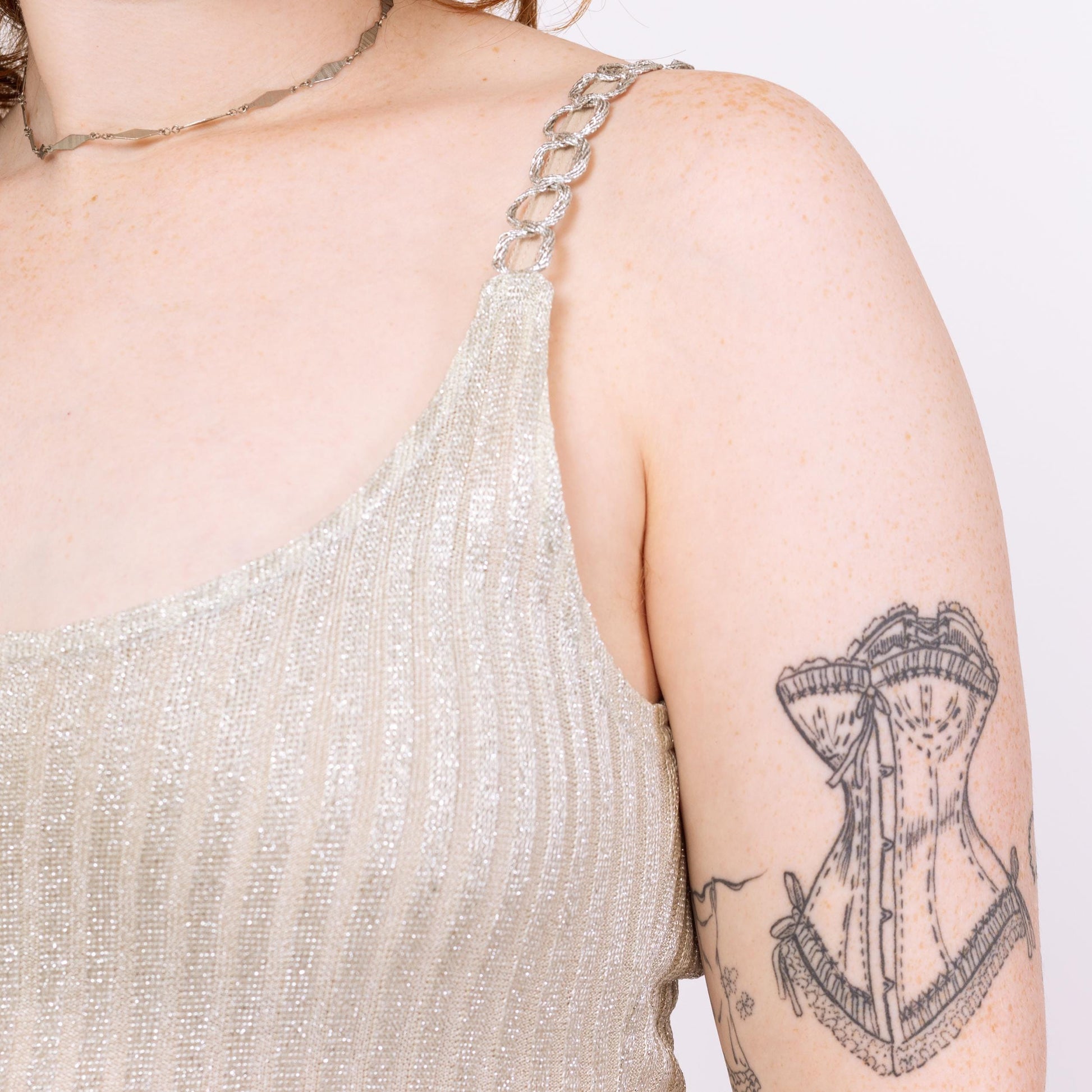 Vintage 90s Silver Lurex Chain Strap Mini Dress - Medium to Large | Sheer Metallic Spaghetti Strap Fitted Disco Party Dress