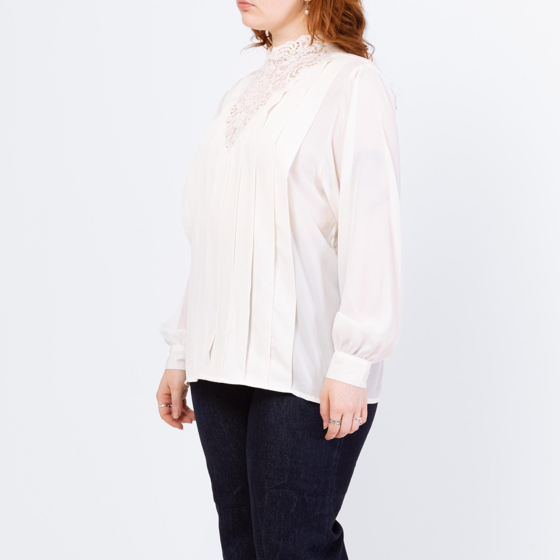 Vintage 80s Does Victorian Ivory Lace Trim Blouse - Extra Large | Long Sleeve Boho High Collar Top