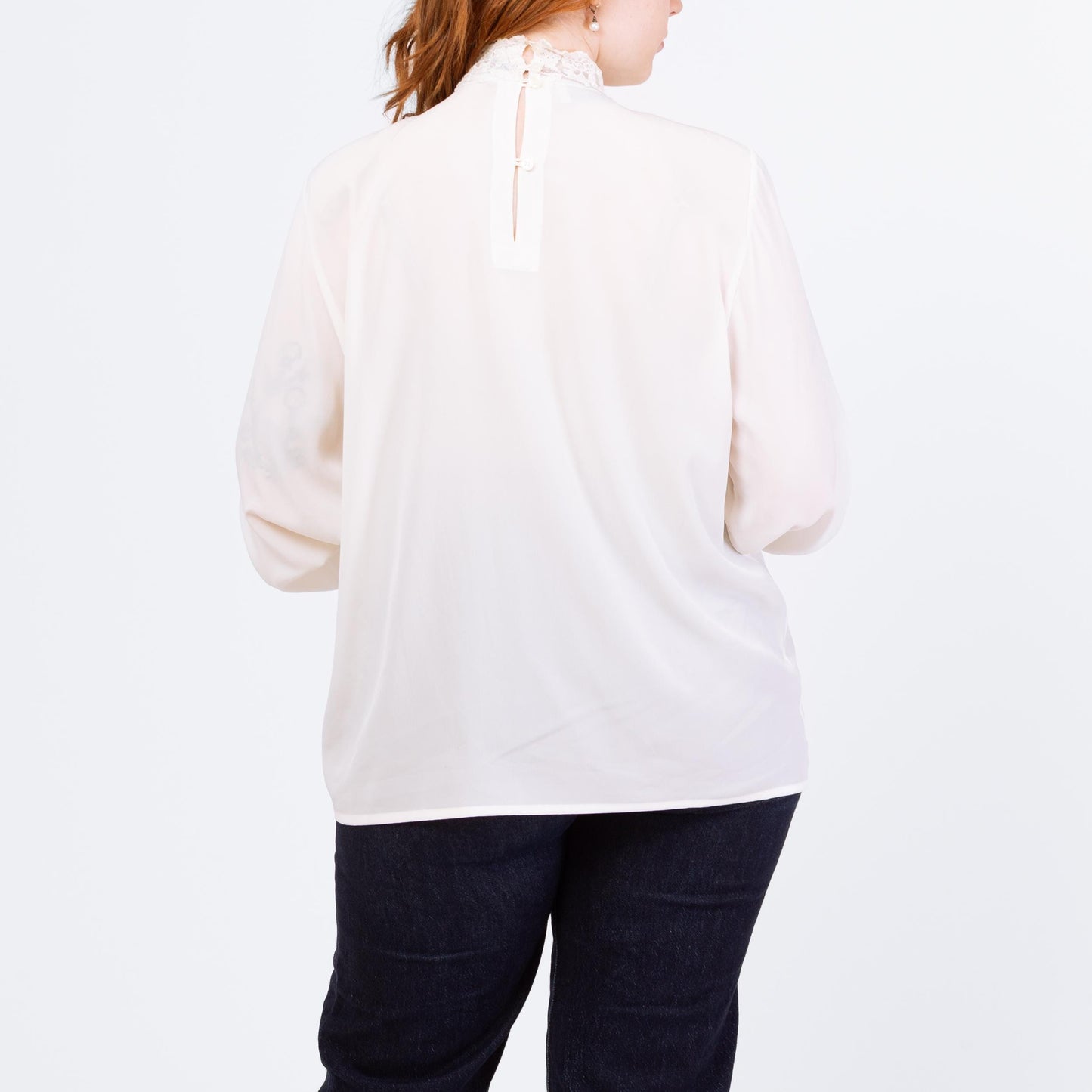Vintage 80s Does Victorian Ivory Lace Trim Blouse - Extra Large | Long Sleeve Boho High Collar Top