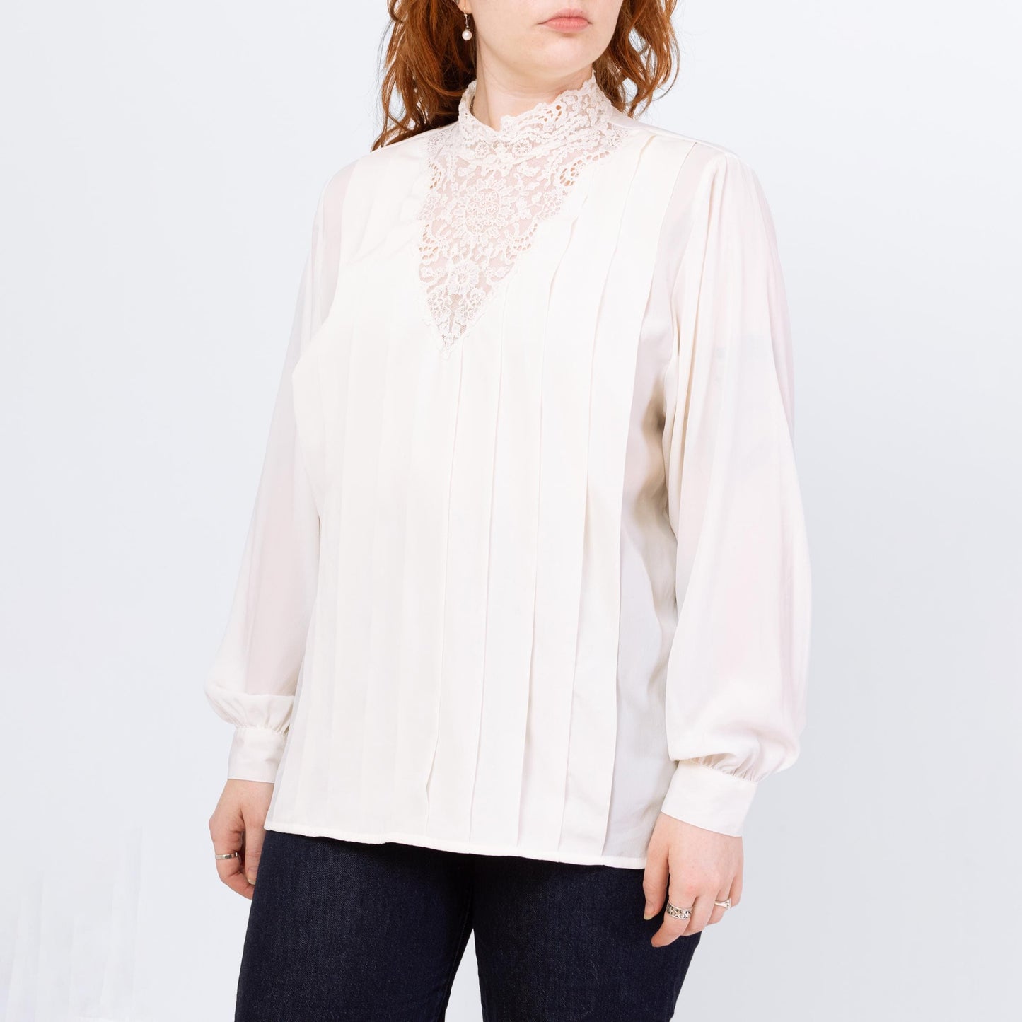 Vintage 80s Does Victorian Ivory Lace Trim Blouse - Extra Large | Long Sleeve Boho High Collar Top