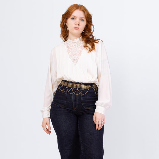 Vintage 80s Does Victorian Ivory Lace Trim Blouse - Extra Large | Long Sleeve Boho High Collar Top