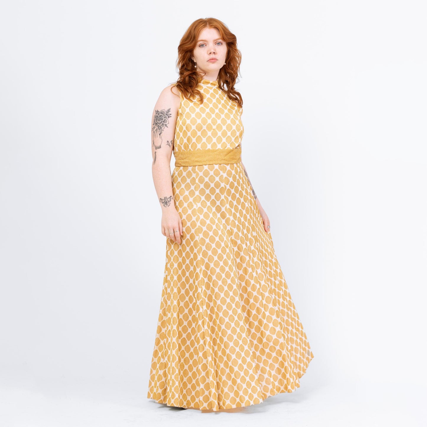 Vintage 70s Gold Honeycomb Lurex Knit Maxi Dress - Large | Futura Couture Sleeveless Metallic Formal Disco Gown