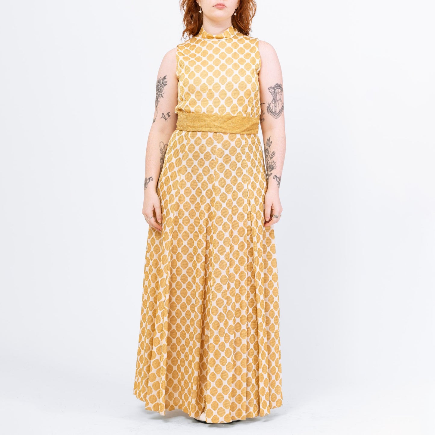 Vintage 70s Gold Honeycomb Lurex Knit Maxi Dress - Large | Futura Couture Sleeveless Metallic Formal Disco Gown