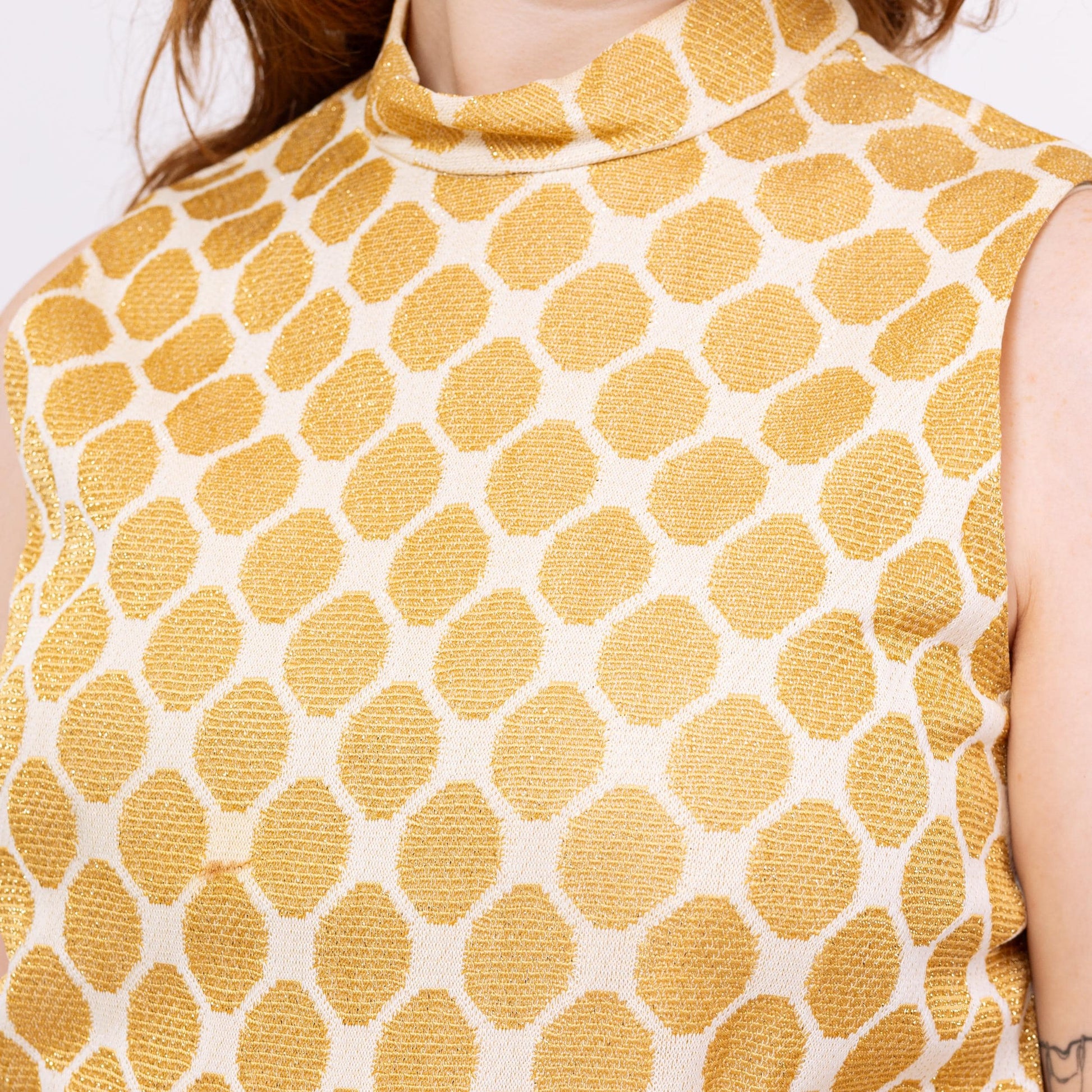 Vintage 70s Gold Honeycomb Lurex Knit Maxi Dress - Large | Futura Couture Sleeveless Metallic Formal Disco Gown