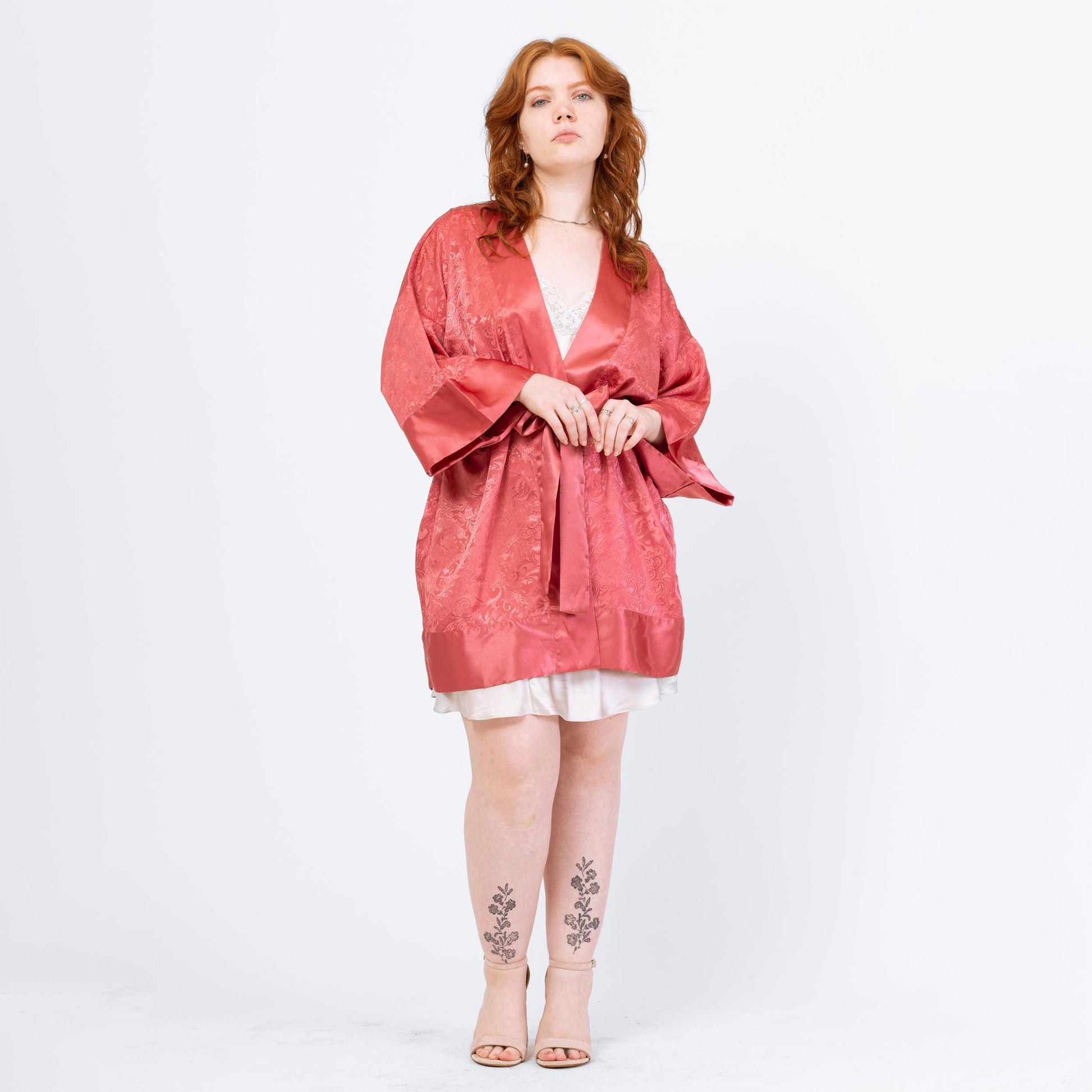 Vintage 90s Victoria's Secret Rose Pink Jacquard Satin Robe - One Size | Boho Loungewear Belted Mini Kimono