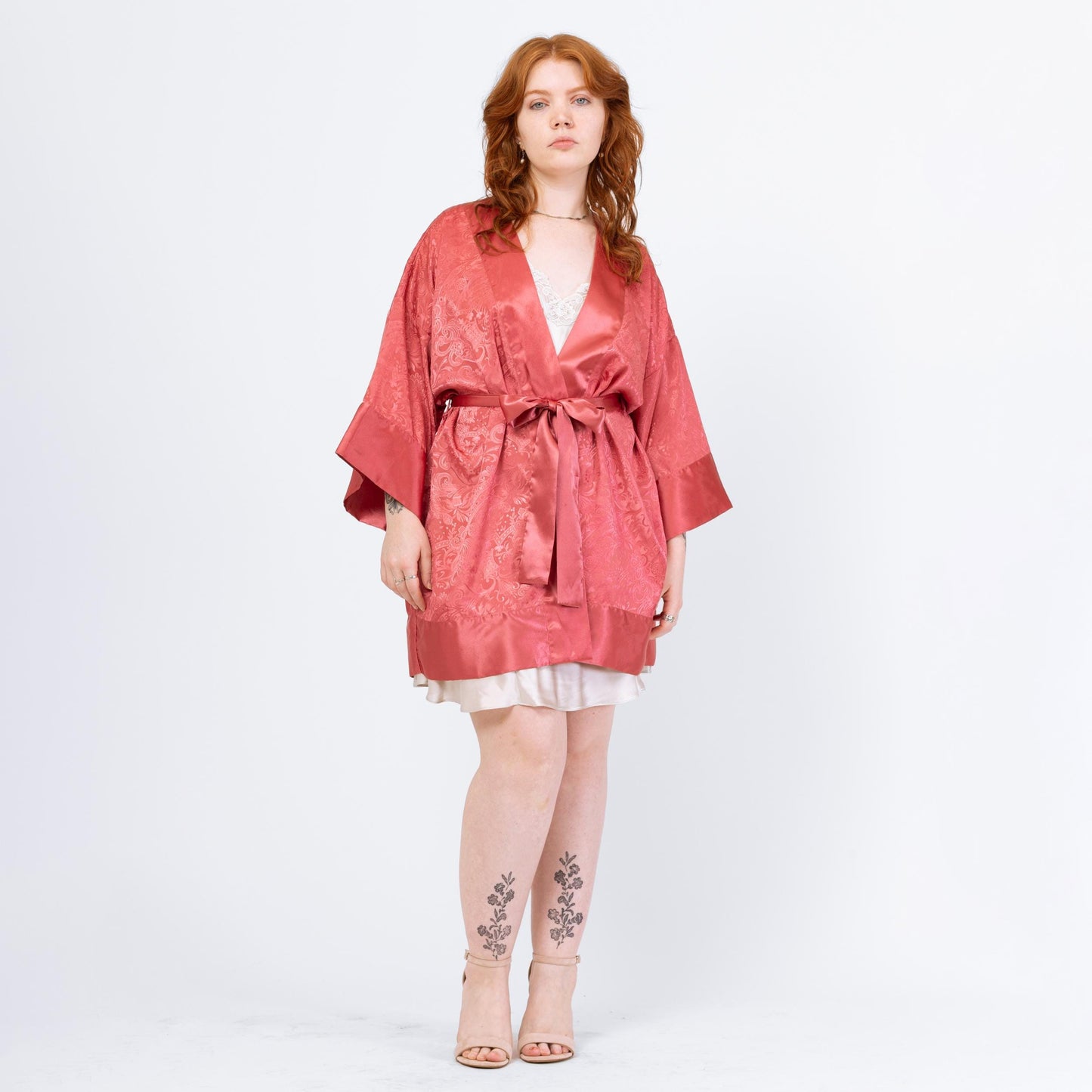 Vintage 90s Victoria's Secret Rose Pink Jacquard Satin Robe - One Size | Boho Loungewear Belted Mini Kimono
