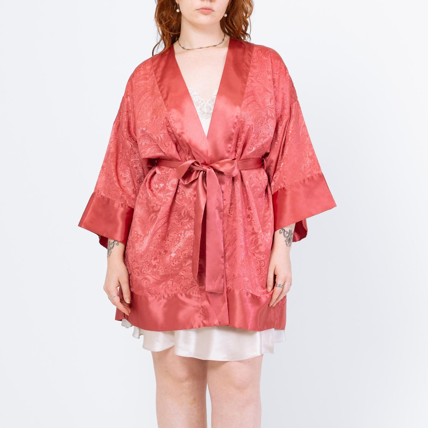 Vintage 90s Victoria's Secret Rose Pink Jacquard Satin Robe - One Size | Boho Loungewear Belted Mini Kimono