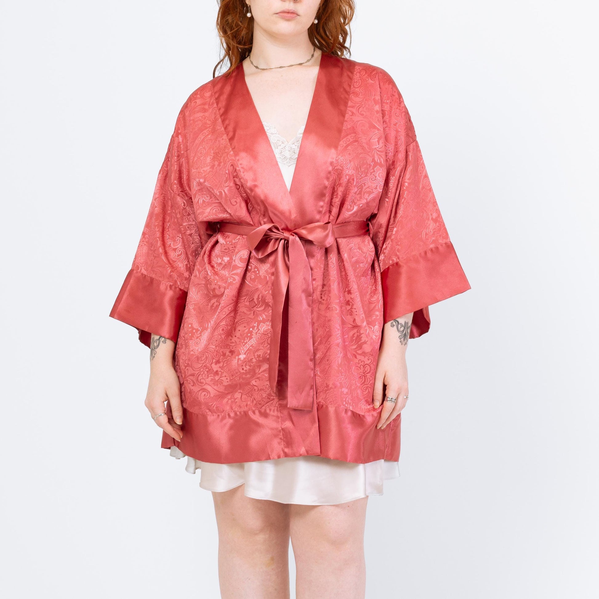 Vintage 90s Victoria's Secret Rose Pink Jacquard Satin Robe - One Size | Boho Loungewear Belted Mini Kimono