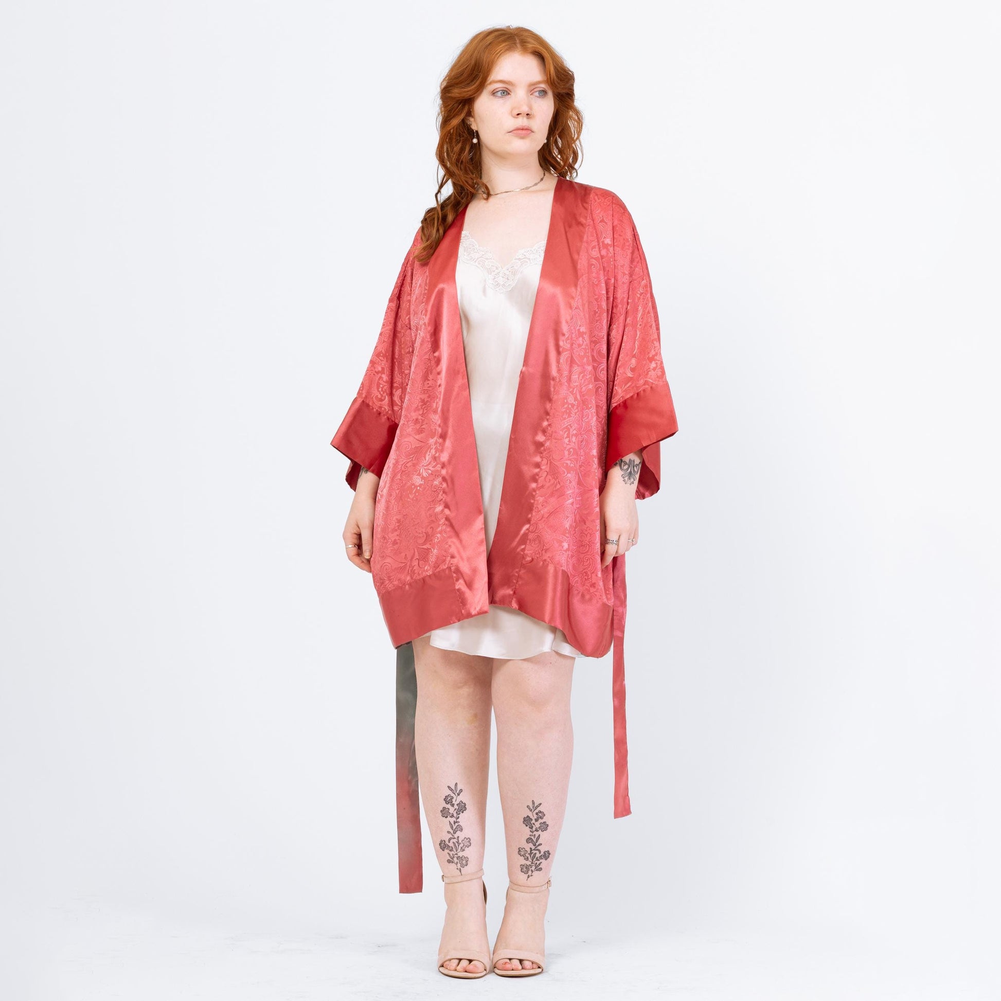 Vintage 90s Victoria's Secret Rose Pink Jacquard Satin Robe - One Size | Boho Loungewear Belted Mini Kimono