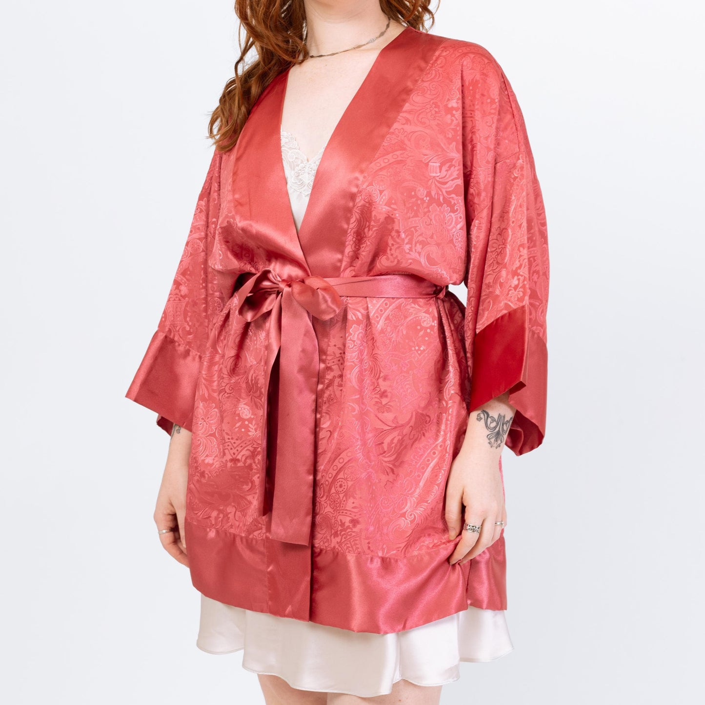 Vintage 90s Victoria's Secret Rose Pink Jacquard Satin Robe - One Size | Boho Loungewear Belted Mini Kimono