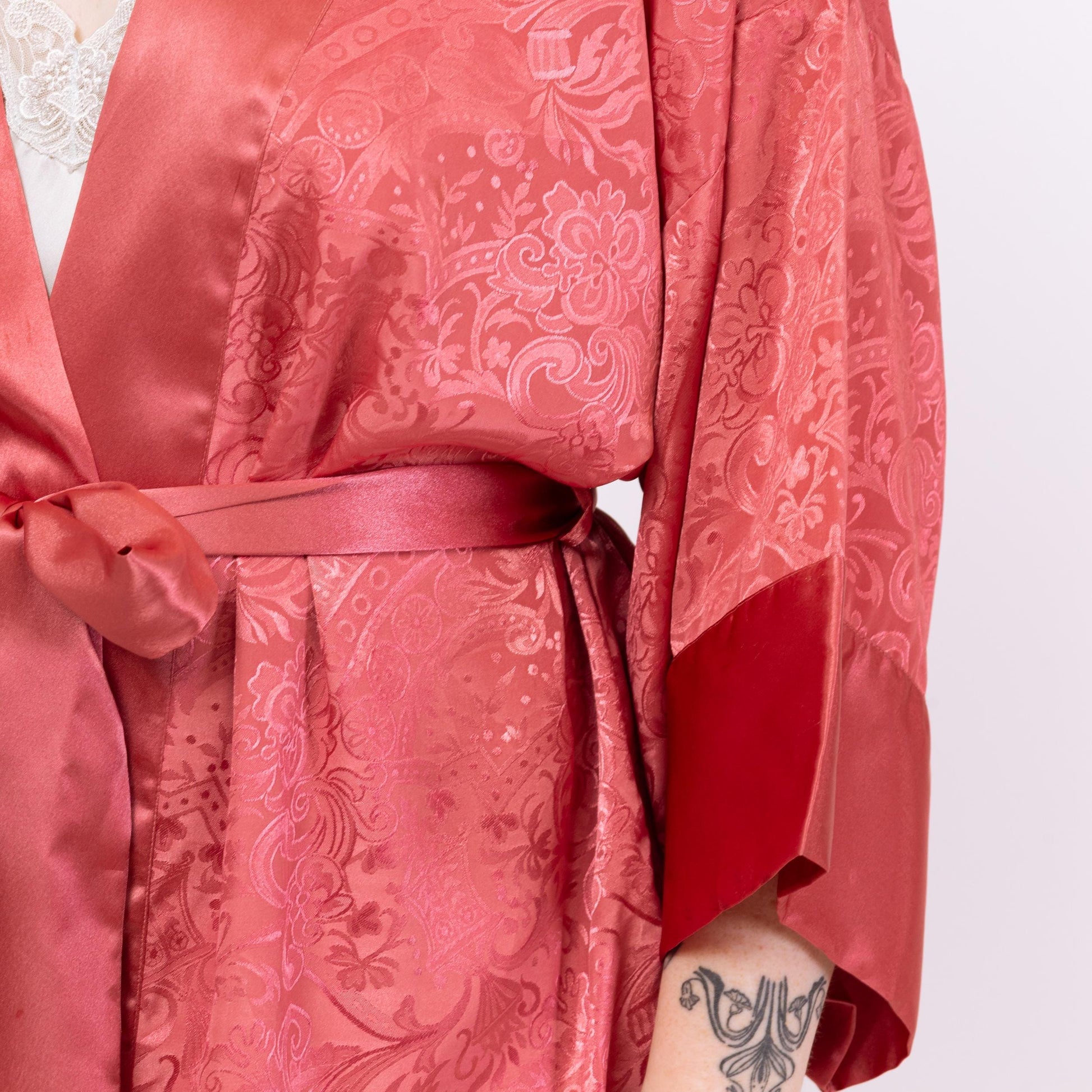 Vintage 90s Victoria's Secret Rose Pink Jacquard Satin Robe - One Size | Boho Loungewear Belted Mini Kimono