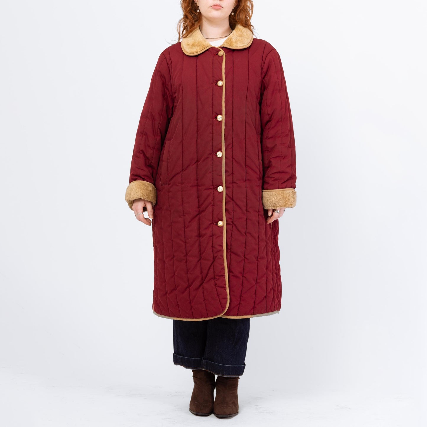 Vintage 70s 80s Wine Red Quilted Puffer Maxi Coat - 2X | Retro Plush Collar Long Duster Winter Jacket