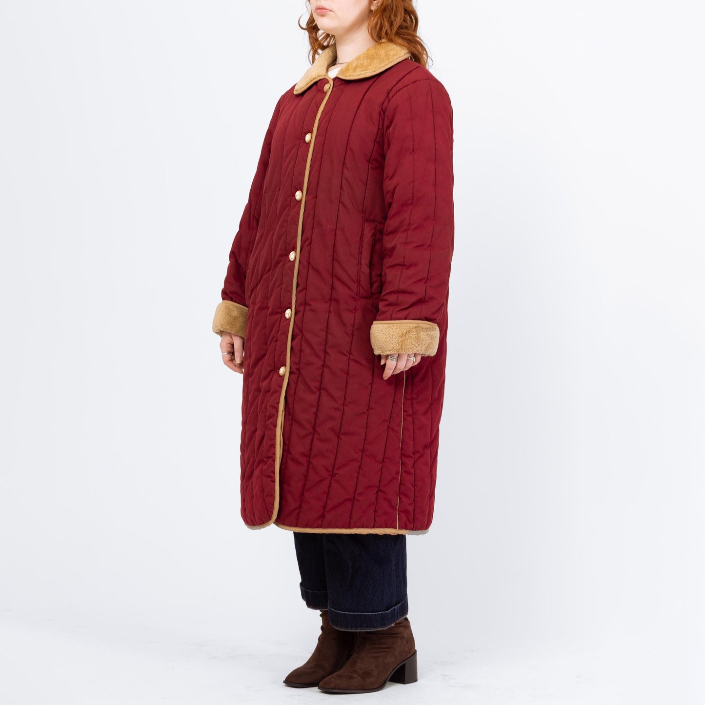 Vintage 70s 80s Wine Red Quilted Puffer Maxi Coat - 2X | Retro Plush Collar Long Duster Winter Jacket