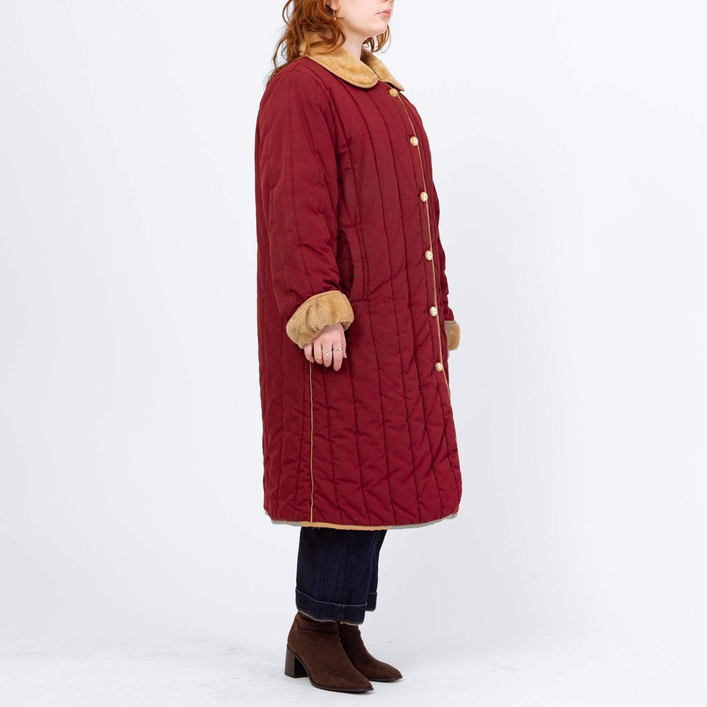 Vintage 70s 80s Wine Red Quilted Puffer Maxi Coat - 2X | Retro Plush Collar Long Duster Winter Jacket