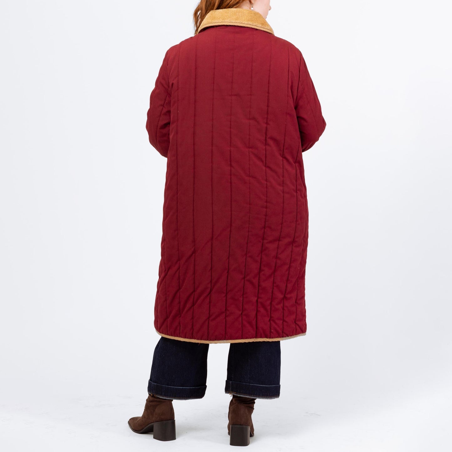 Vintage 70s 80s Wine Red Quilted Puffer Maxi Coat - 2X | Retro Plush Collar Long Duster Winter Jacket
