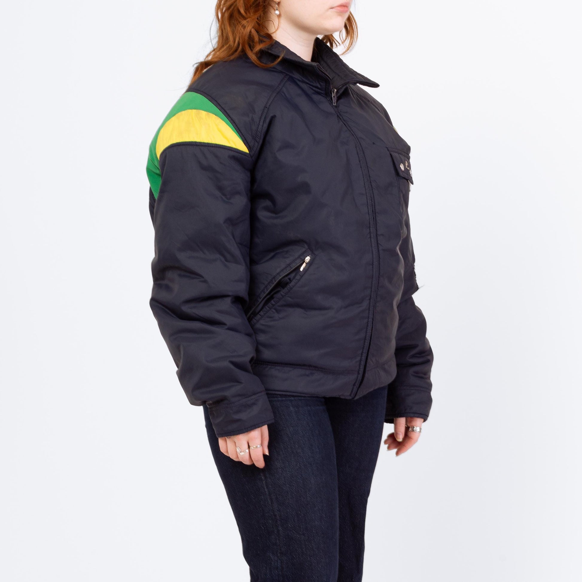 Vintage 70s 80s Roffe Down Feather Puffer Ski Jacket - Large | Distressed Navy Blue Primary Color Block Puffy Winter Coat