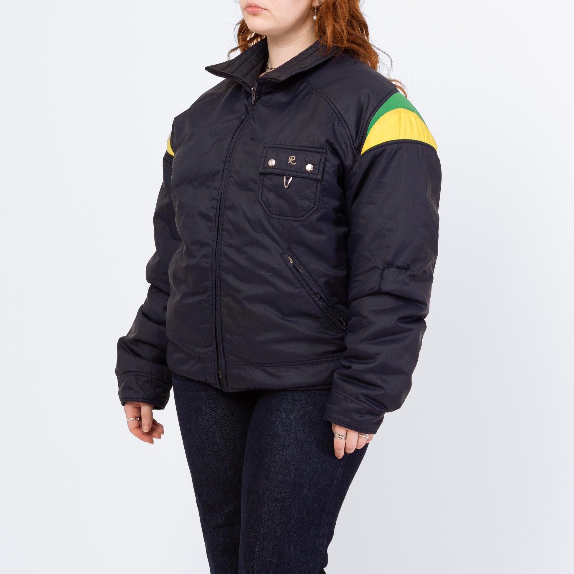 Vintage 70s 80s Roffe Down Feather Puffer Ski Jacket - Large | Distressed Navy Blue Primary Color Block Puffy Winter Coat