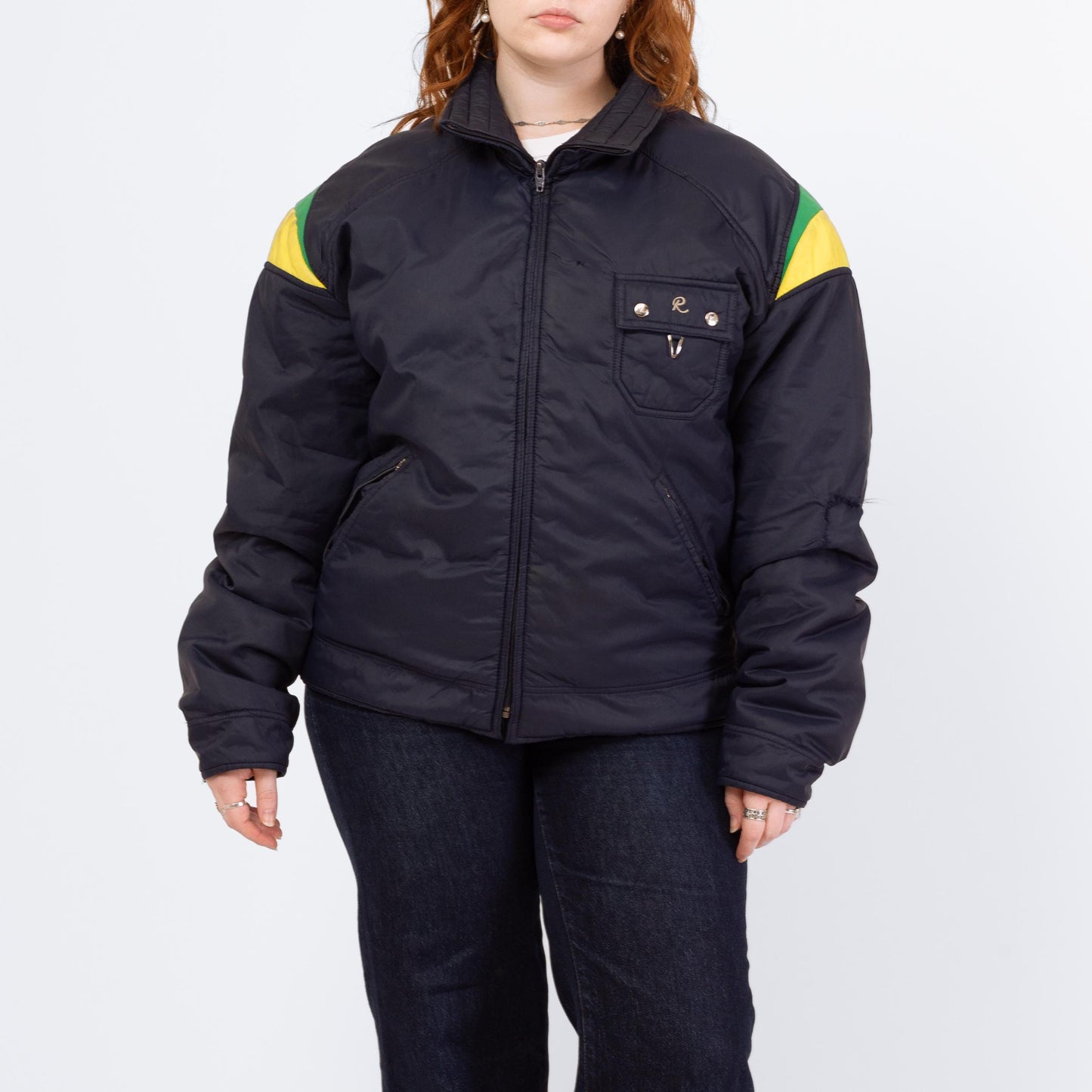 Vintage 70s 80s Roffe Down Feather Puffer Ski Jacket - Large | Distressed Navy Blue Primary Color Block Puffy Winter Coat