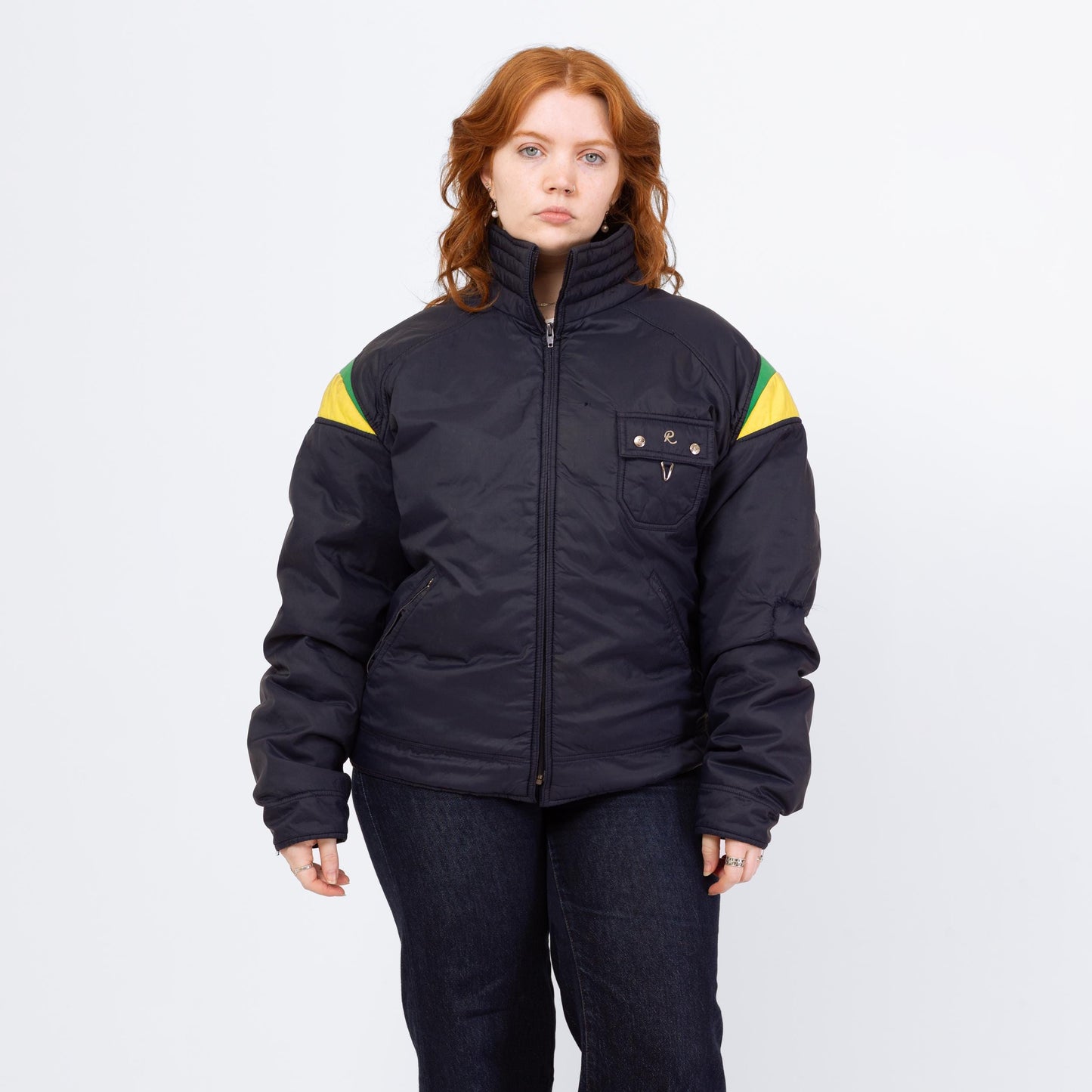 Vintage 70s 80s Roffe Down Feather Puffer Ski Jacket - Large | Distressed Navy Blue Primary Color Block Puffy Winter Coat